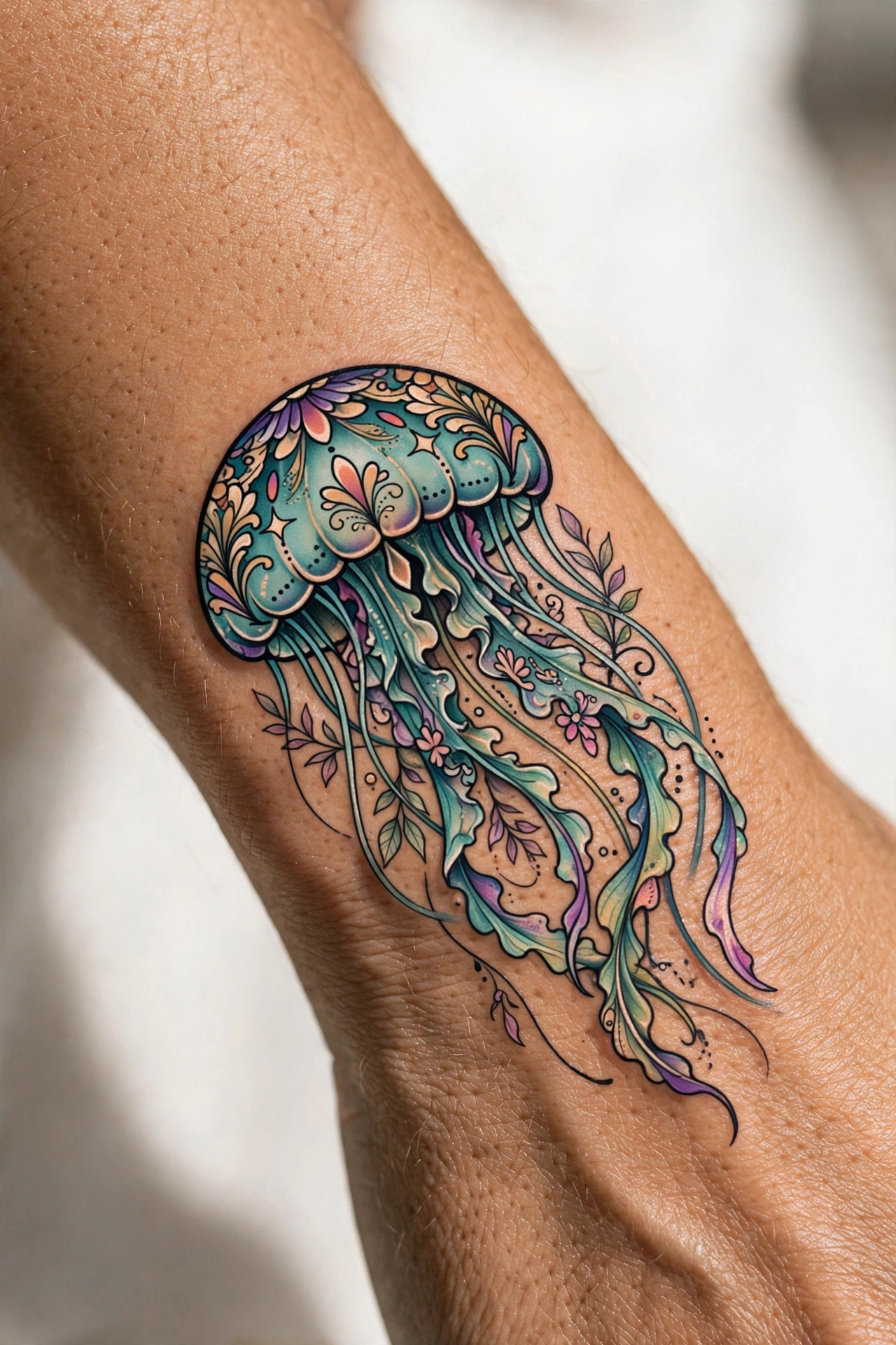 Ethereal jellyfish aesthetic tattoo on the thigh
