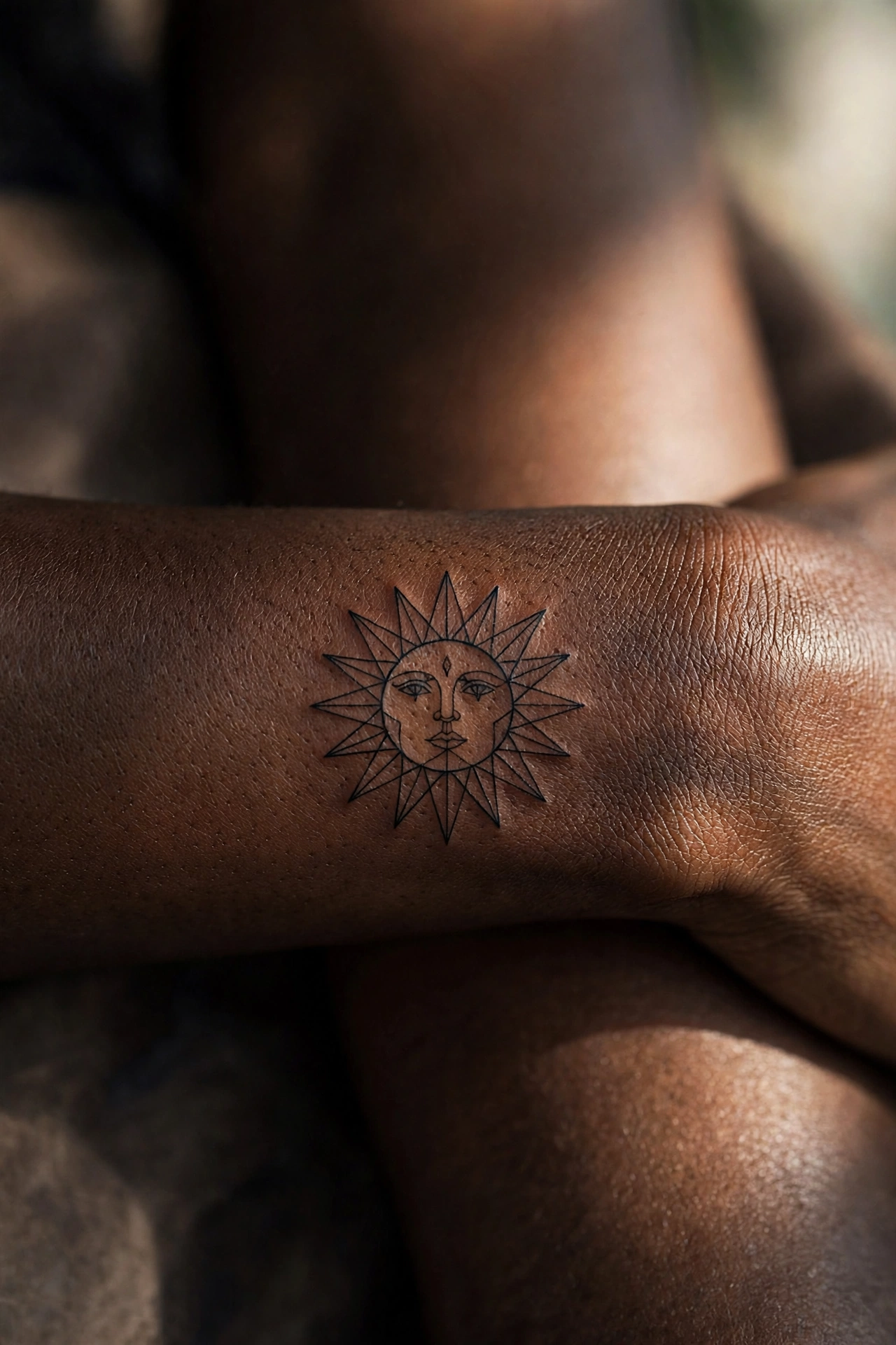Minimal sun face aesthetic tattoo idea on the shoulder