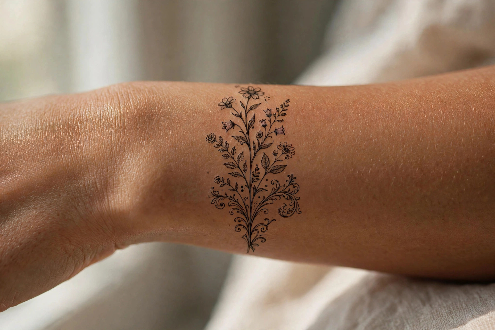Single wildflower stem aesthetic tattoo on the wrist