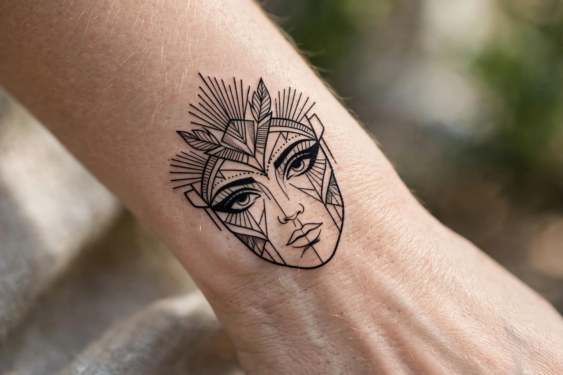 Continuous line art face aesthetic tattoo on the forearm