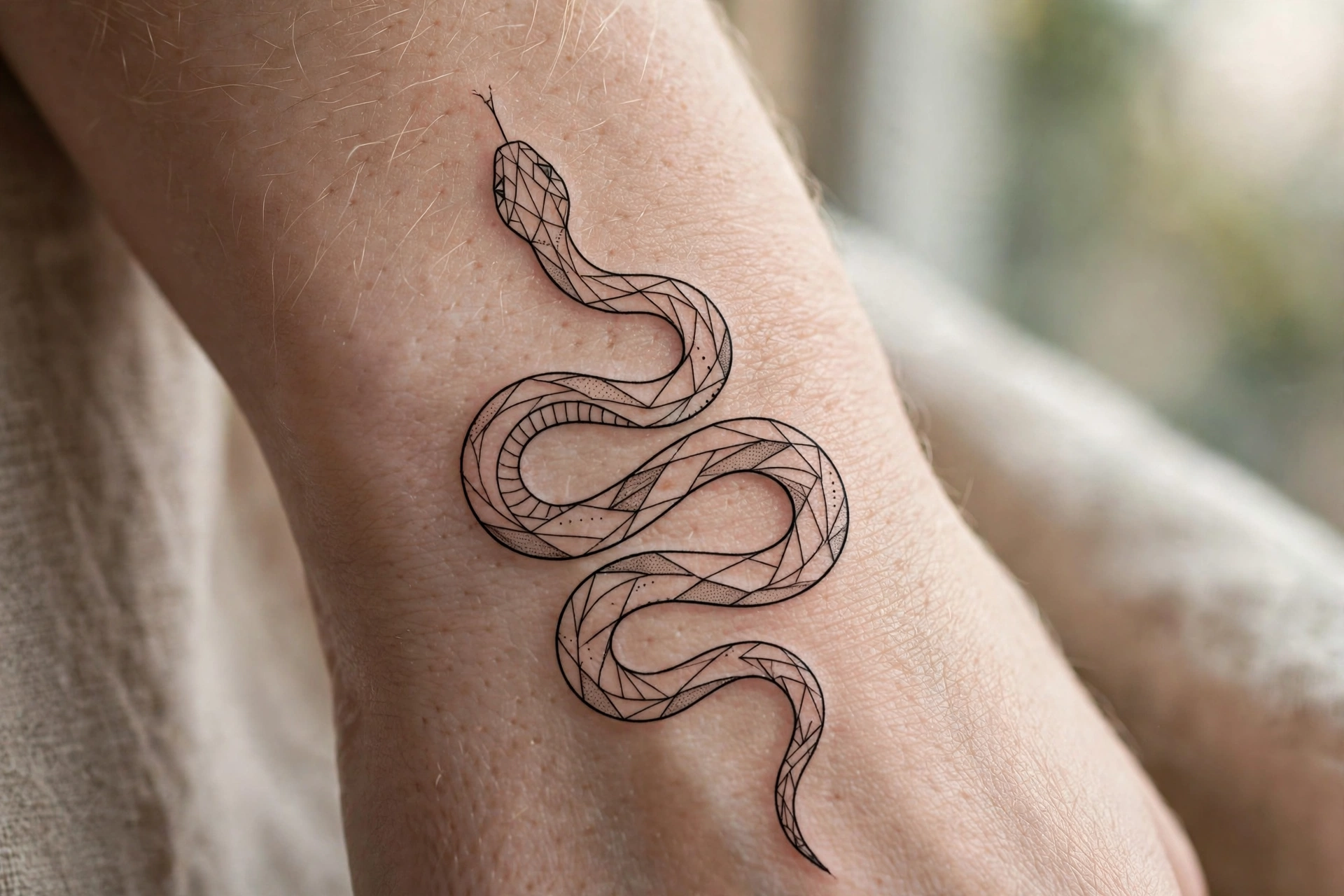 Fine line snake aesthetic tattoo wrapping the forearm