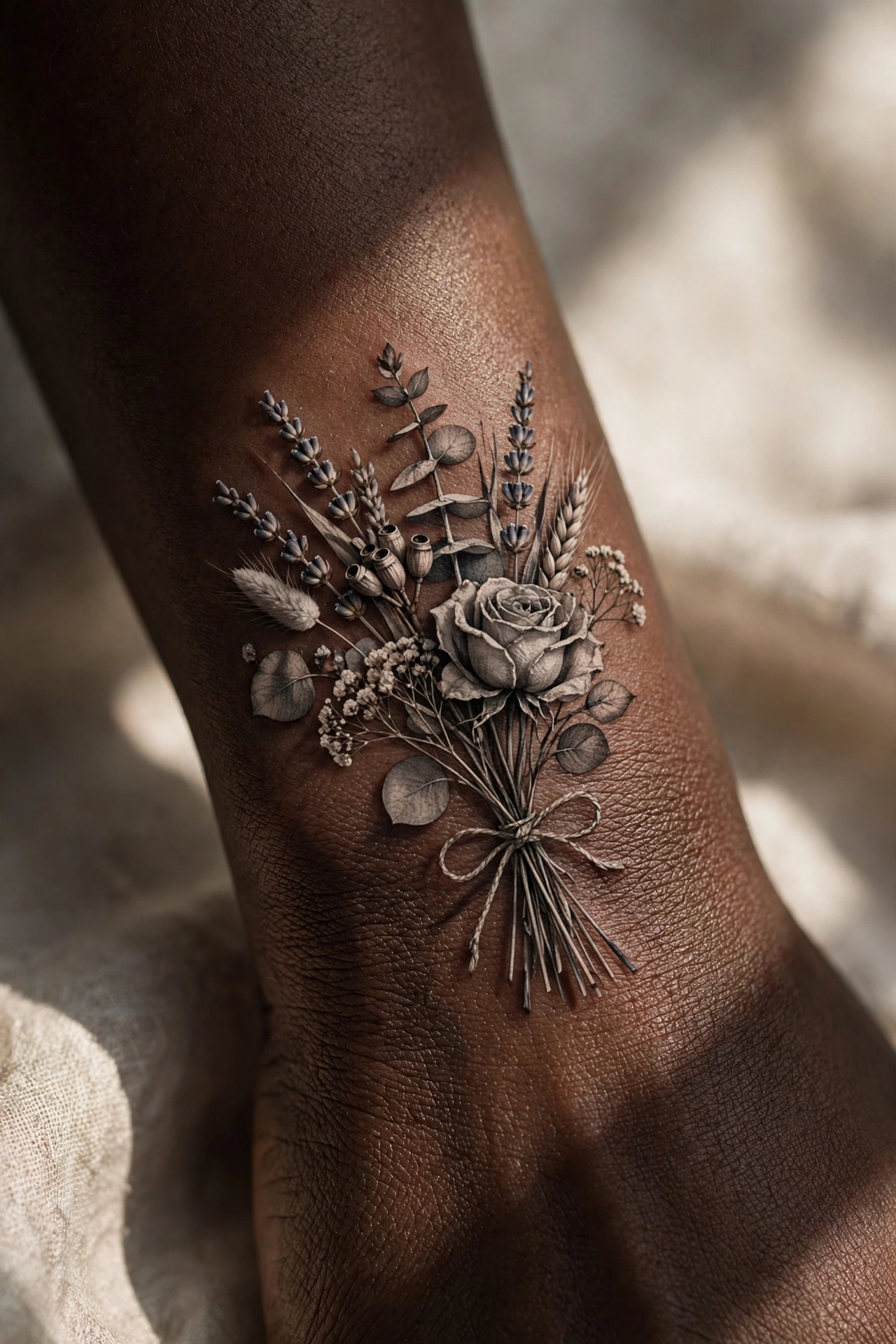 Dried flower bouquet aesthetic tattoo on the thigh