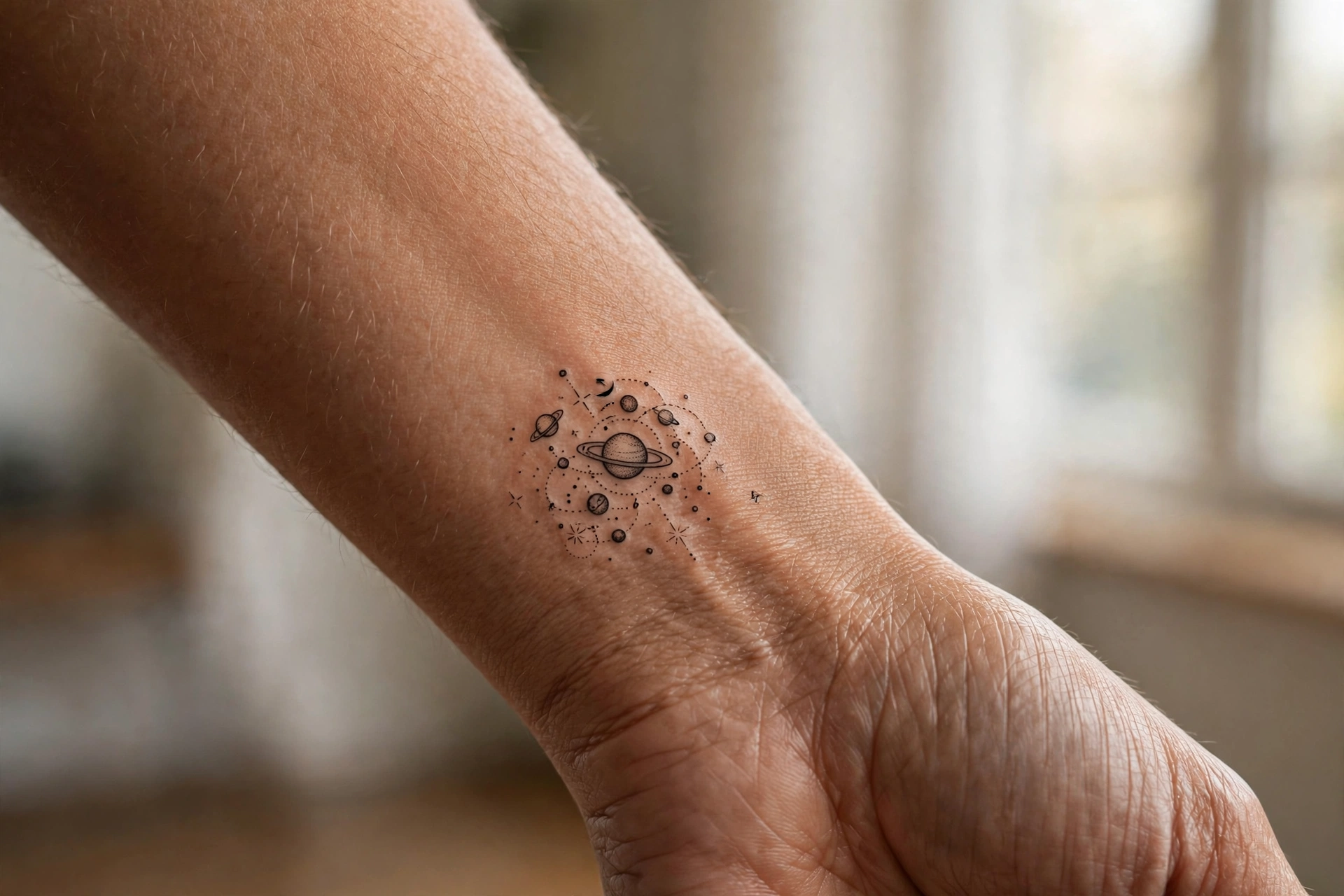 Tiny planet cluster aesthetic tattoo idea on the wrist