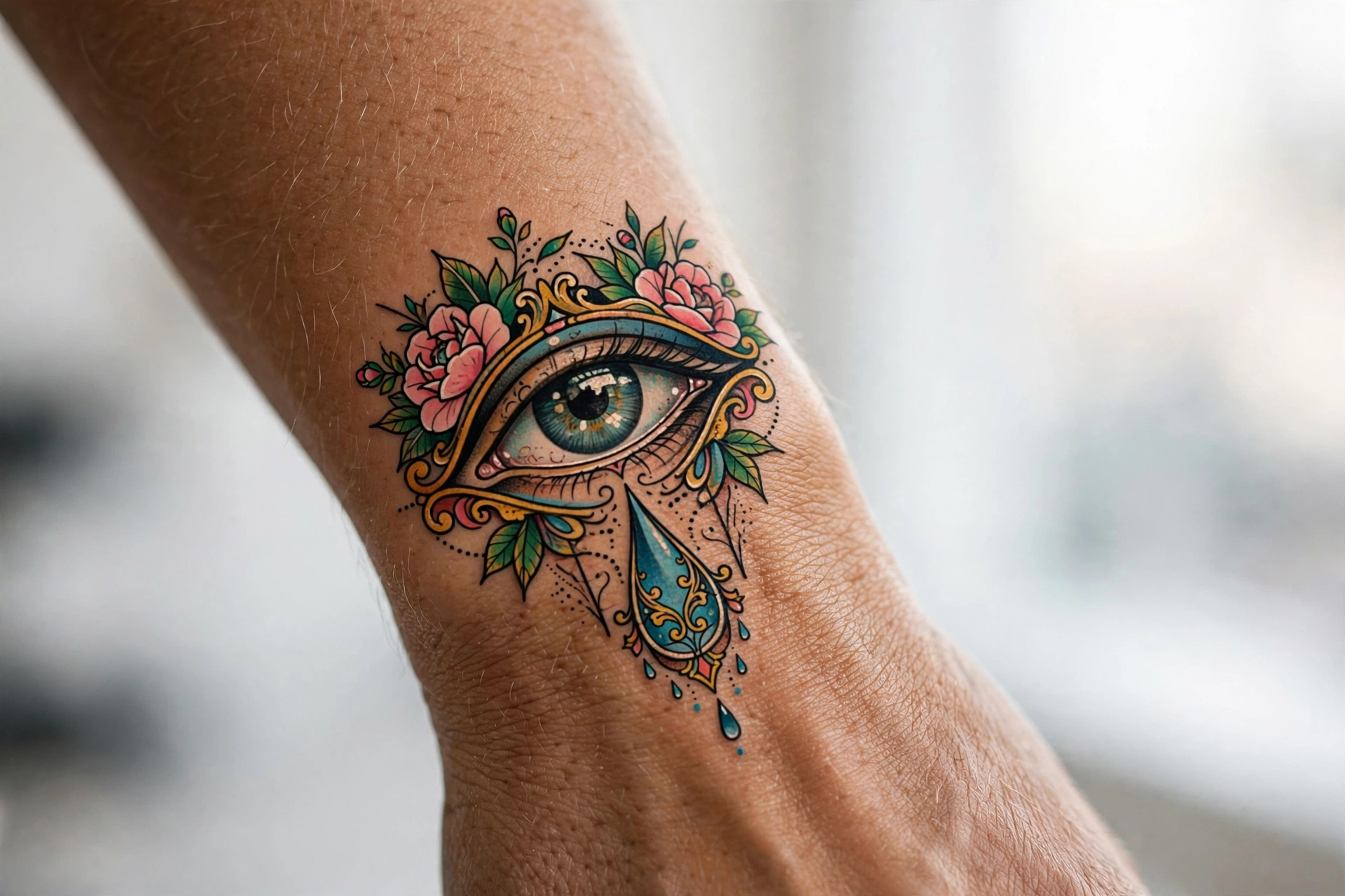 Eye with teardrops aesthetic tattoo idea on the forearm
