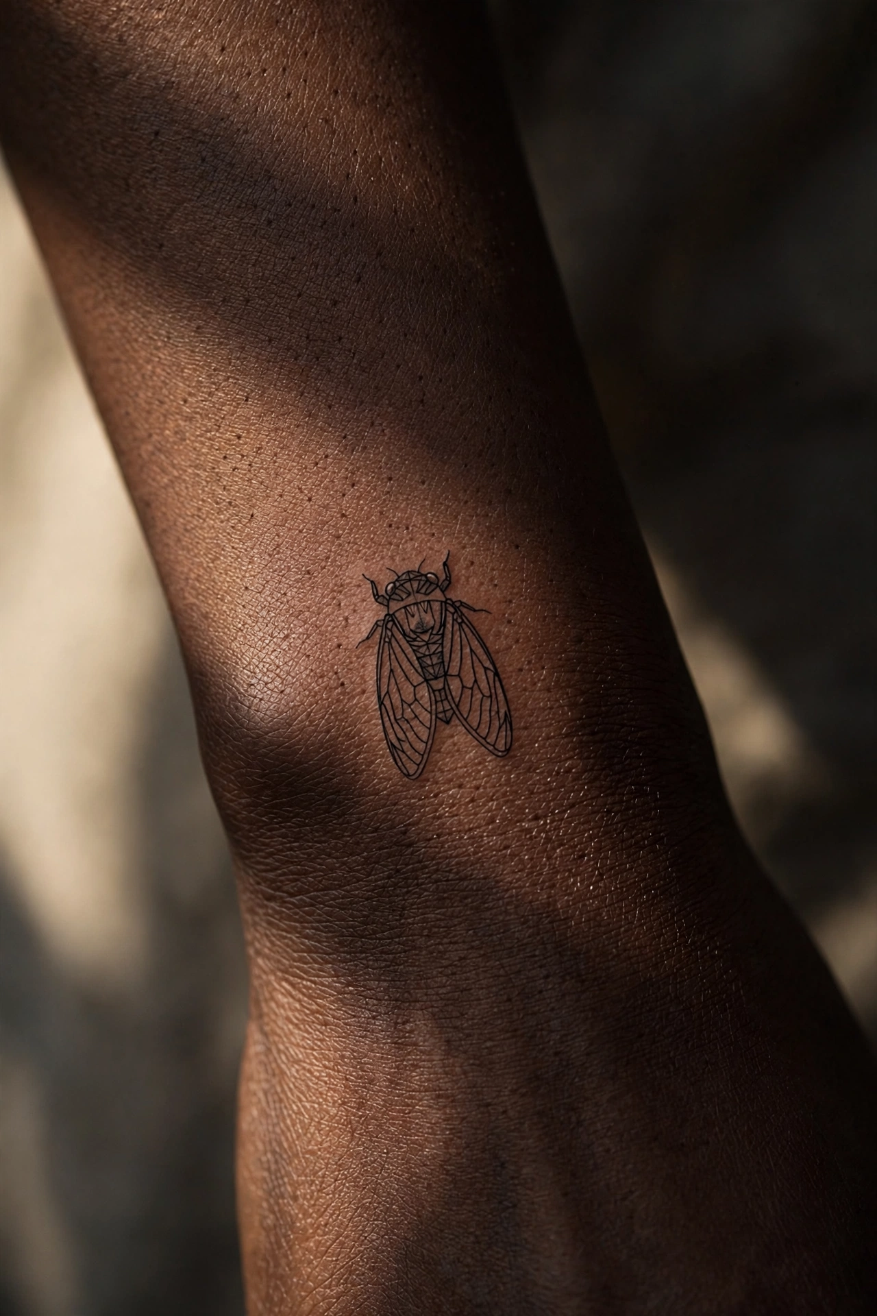 Small cicada aesthetic tattoo on the sternum