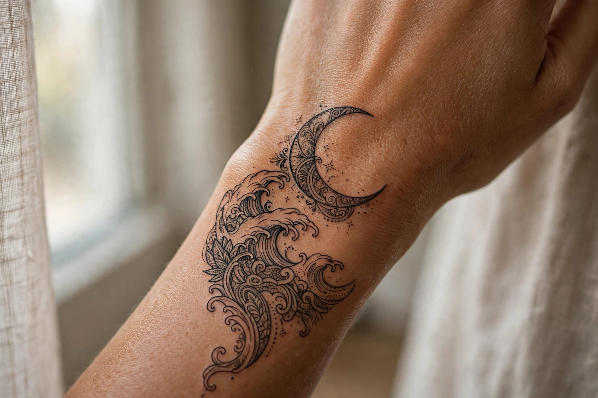 Moon over ocean wave aesthetic tattoo idea on the thigh