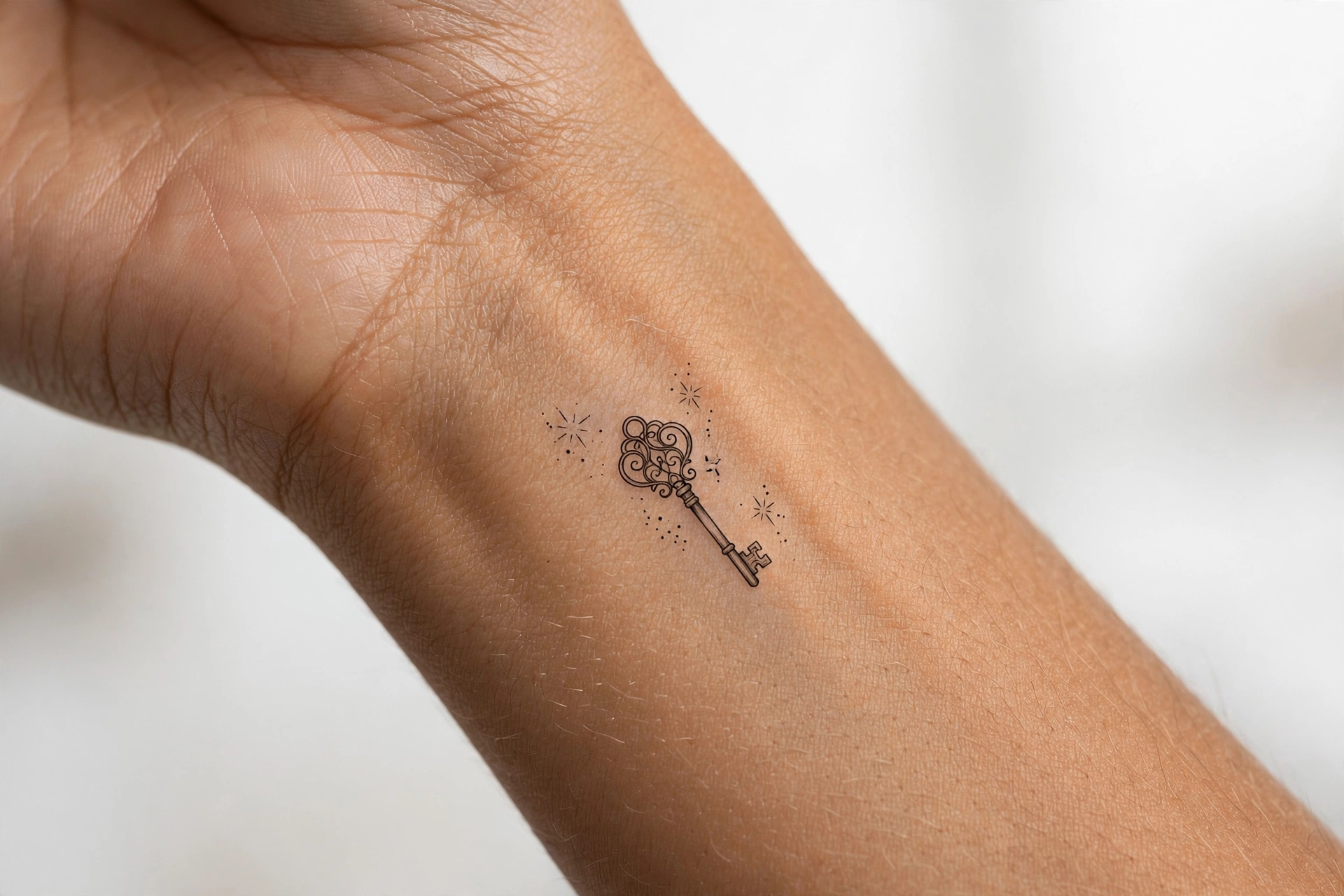 Tiny key with stars aesthetic tattoo idea on the wrist