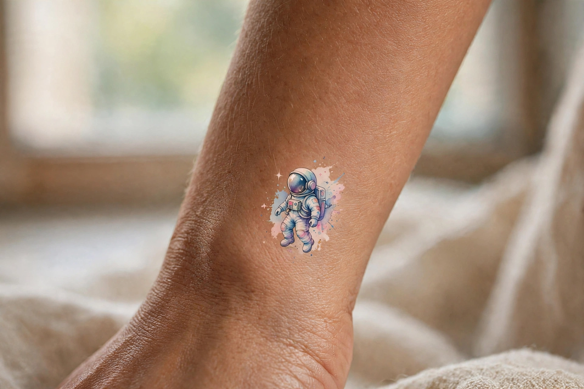 Tiny astronaut aesthetic tattoo on the ankle