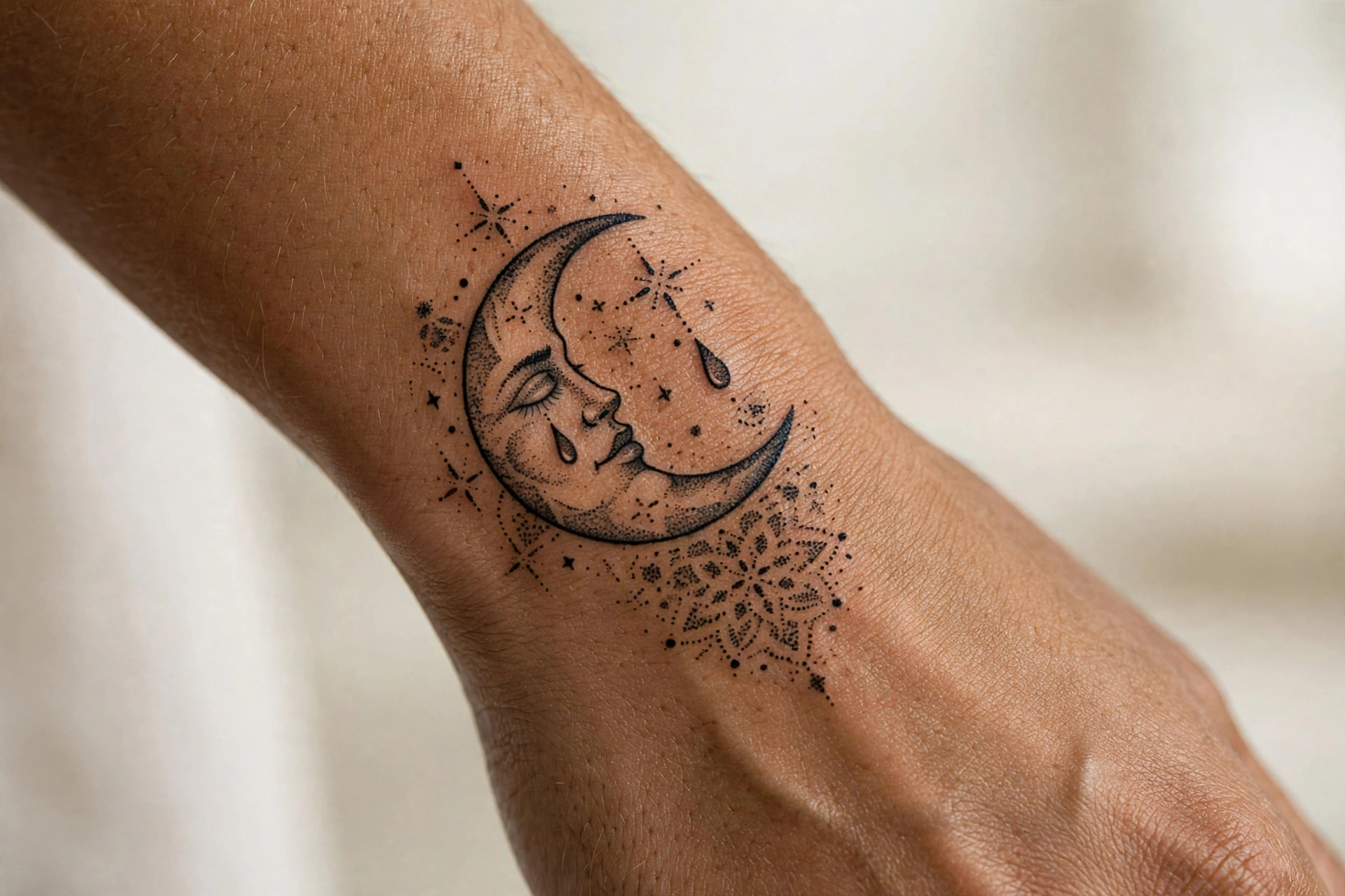 Crying crescent moon aesthetic tattoo on the shoulder