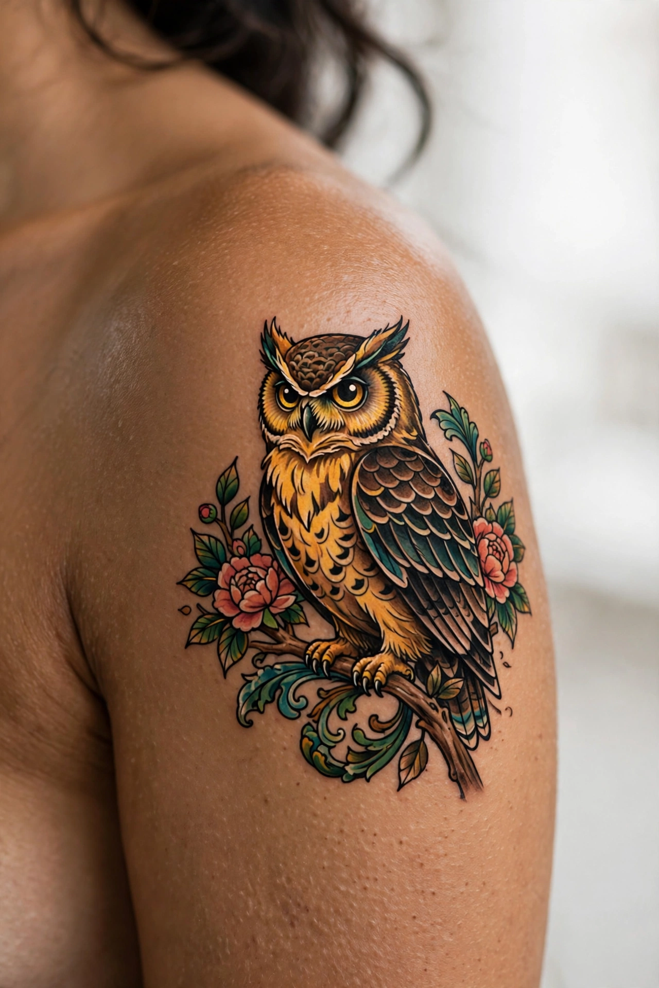 Great horned owl perched on a branch tattoo in black and grey