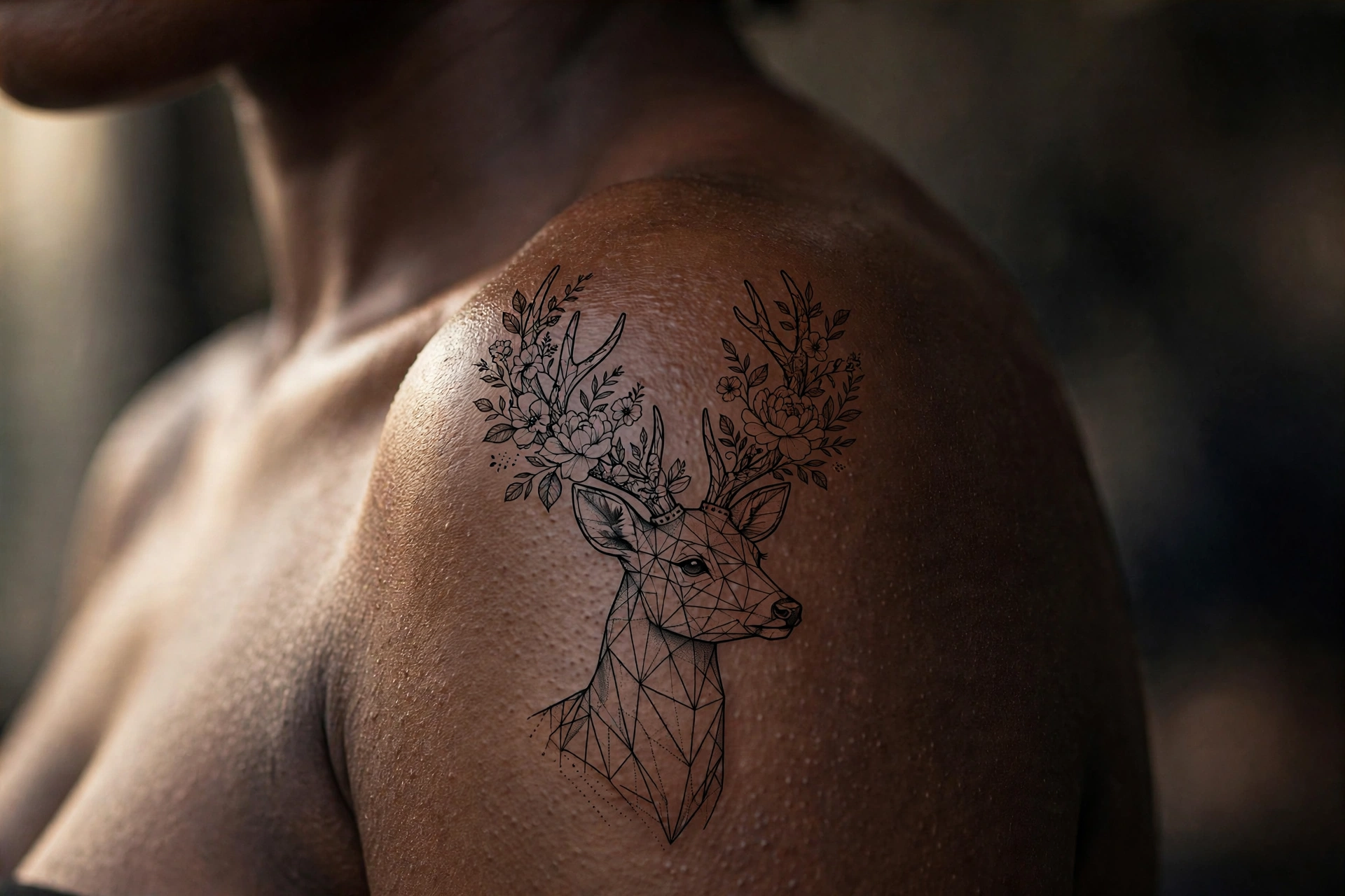Deer head with flowers growing from antlers tattoo