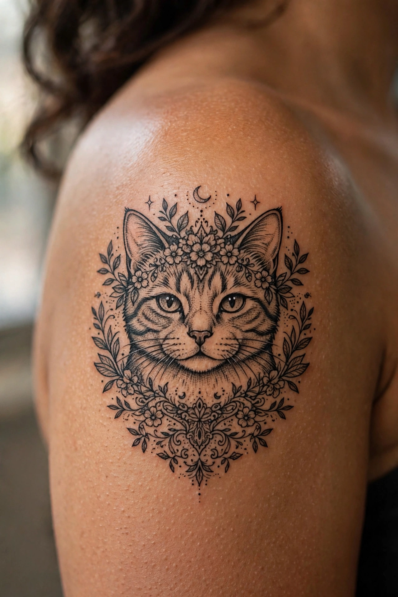 Realistic beloved pet cat portrait tattoo on a forearm