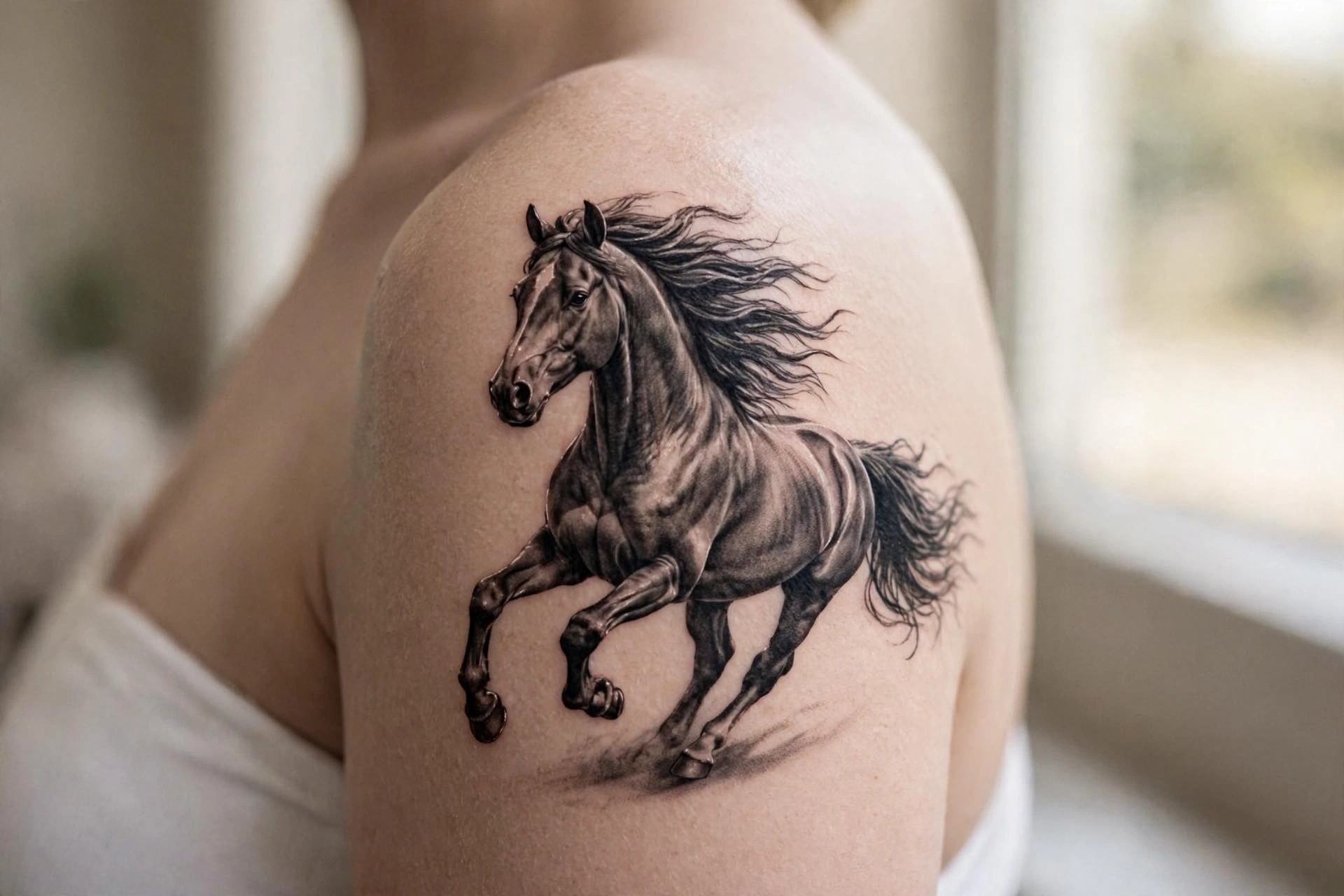 Galloping horse tattoo with flowing mane in dynamic lines