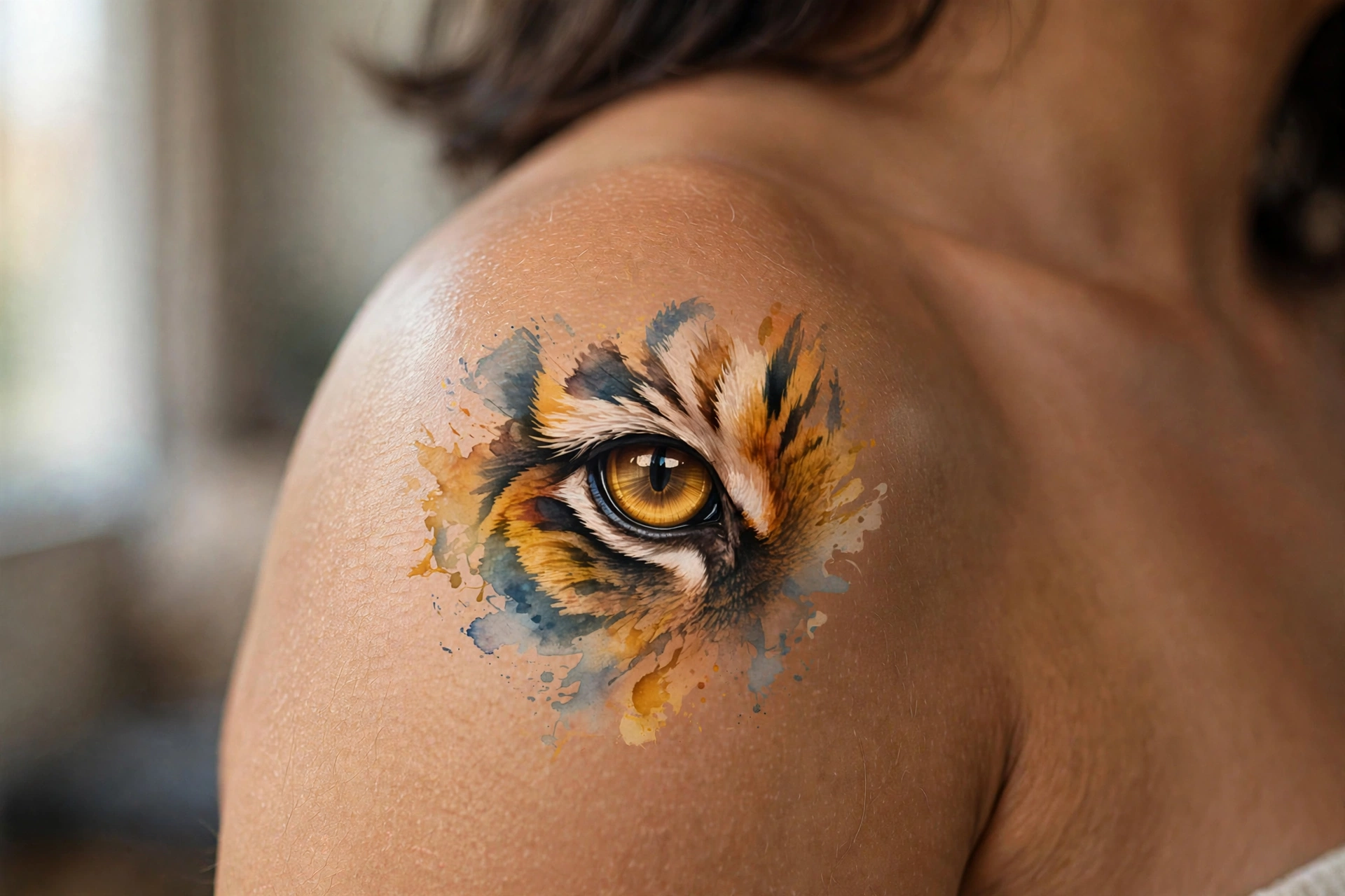 Extreme close-up of a tiger's eye tattoo with vivid detail