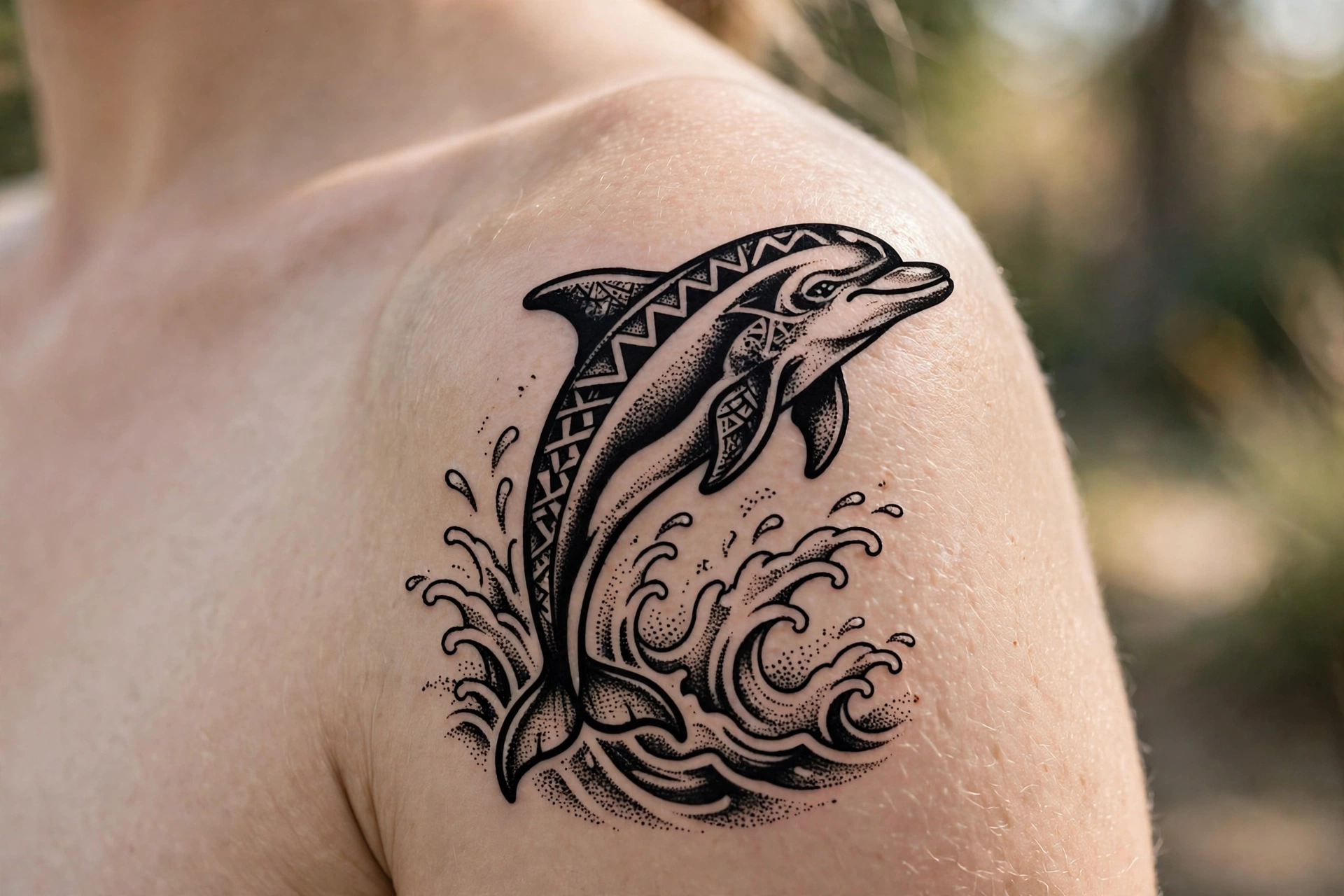 Dolphin arcing out of stylized waves tattoo