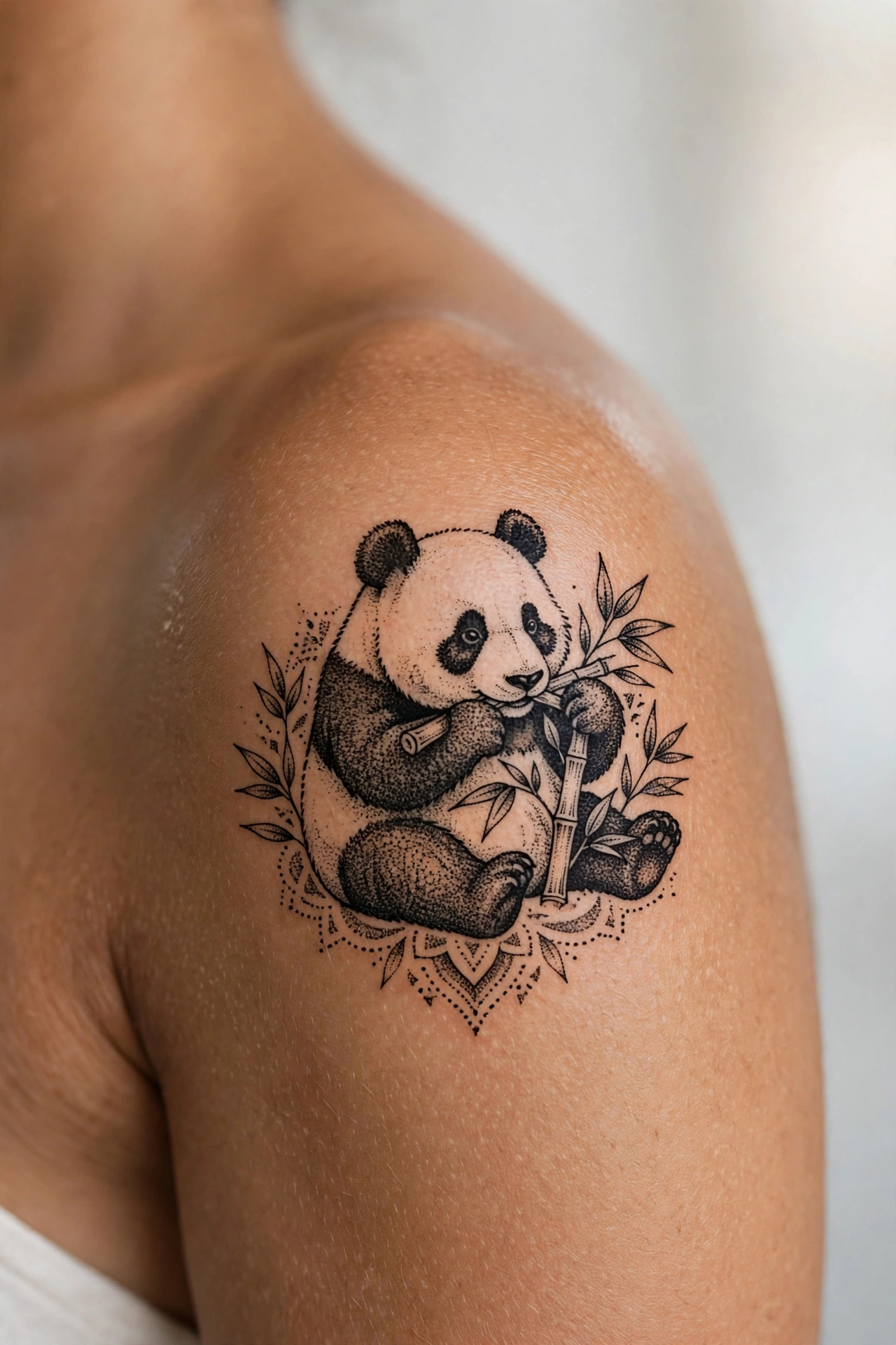 Giant panda peacefully eating bamboo tattoo