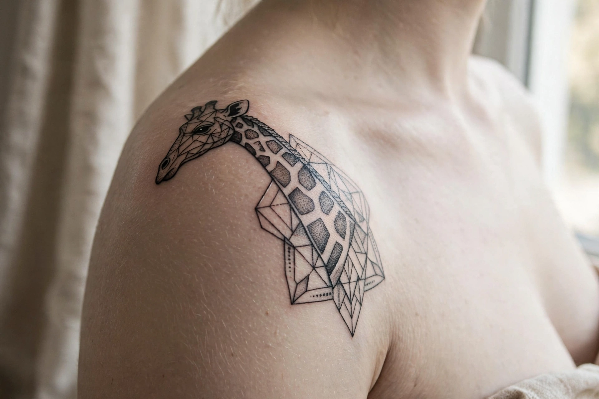 Elegant giraffe head and long neck tattoo following a forearm