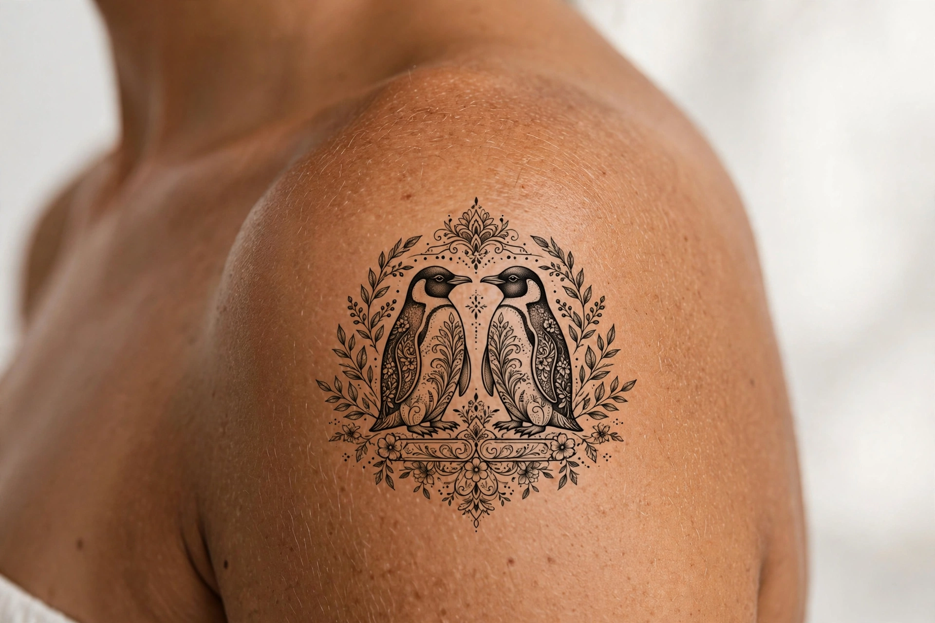 Two penguins huddled together tattoo in simple blackwork