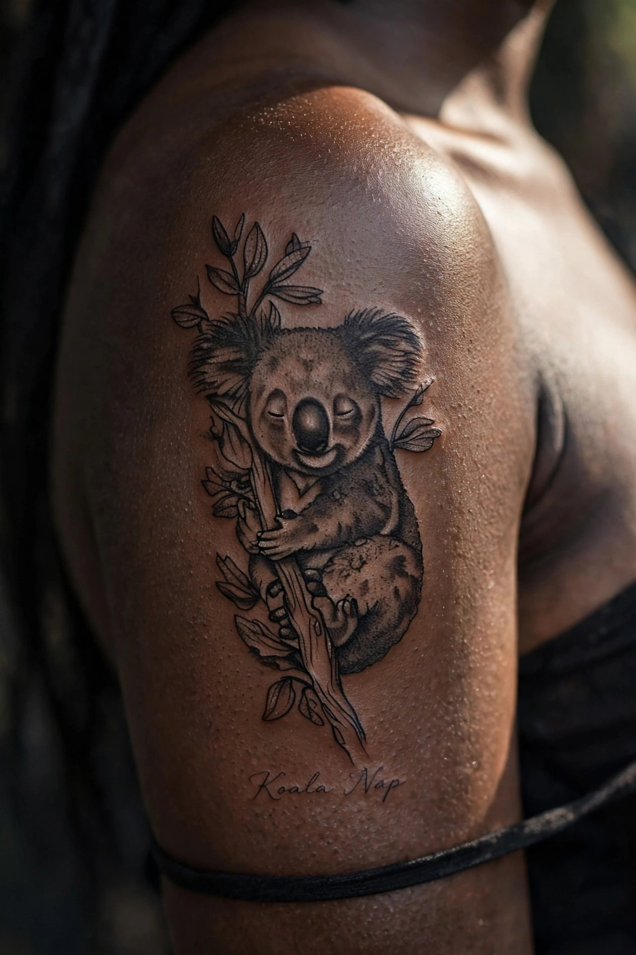 Sleepy koala clinging to a eucalyptus branch tattoo