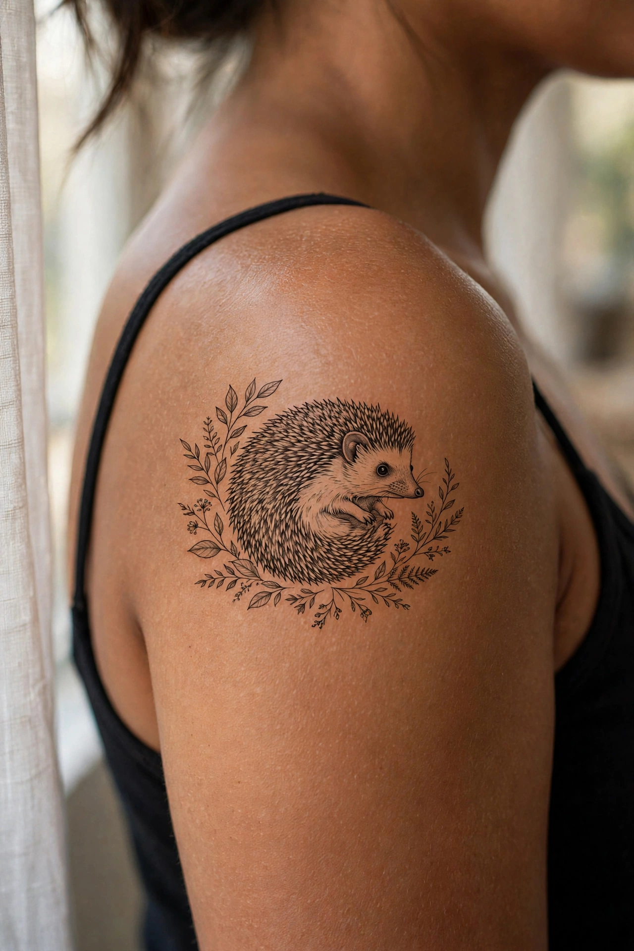 Tiny hedgehog with detailed spines tattoo on an ankle