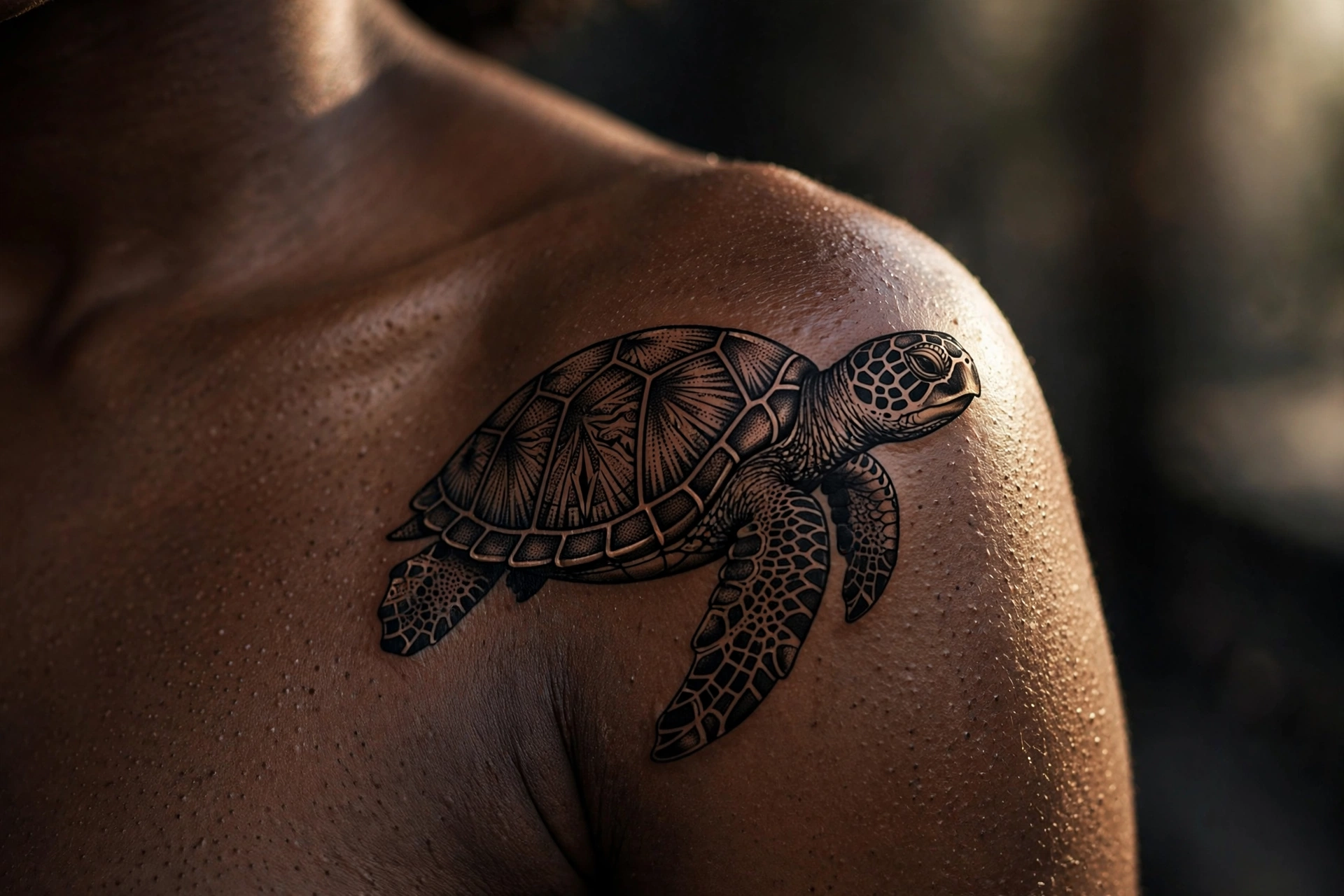 Sea turtle swimming with patterned shell tattoo