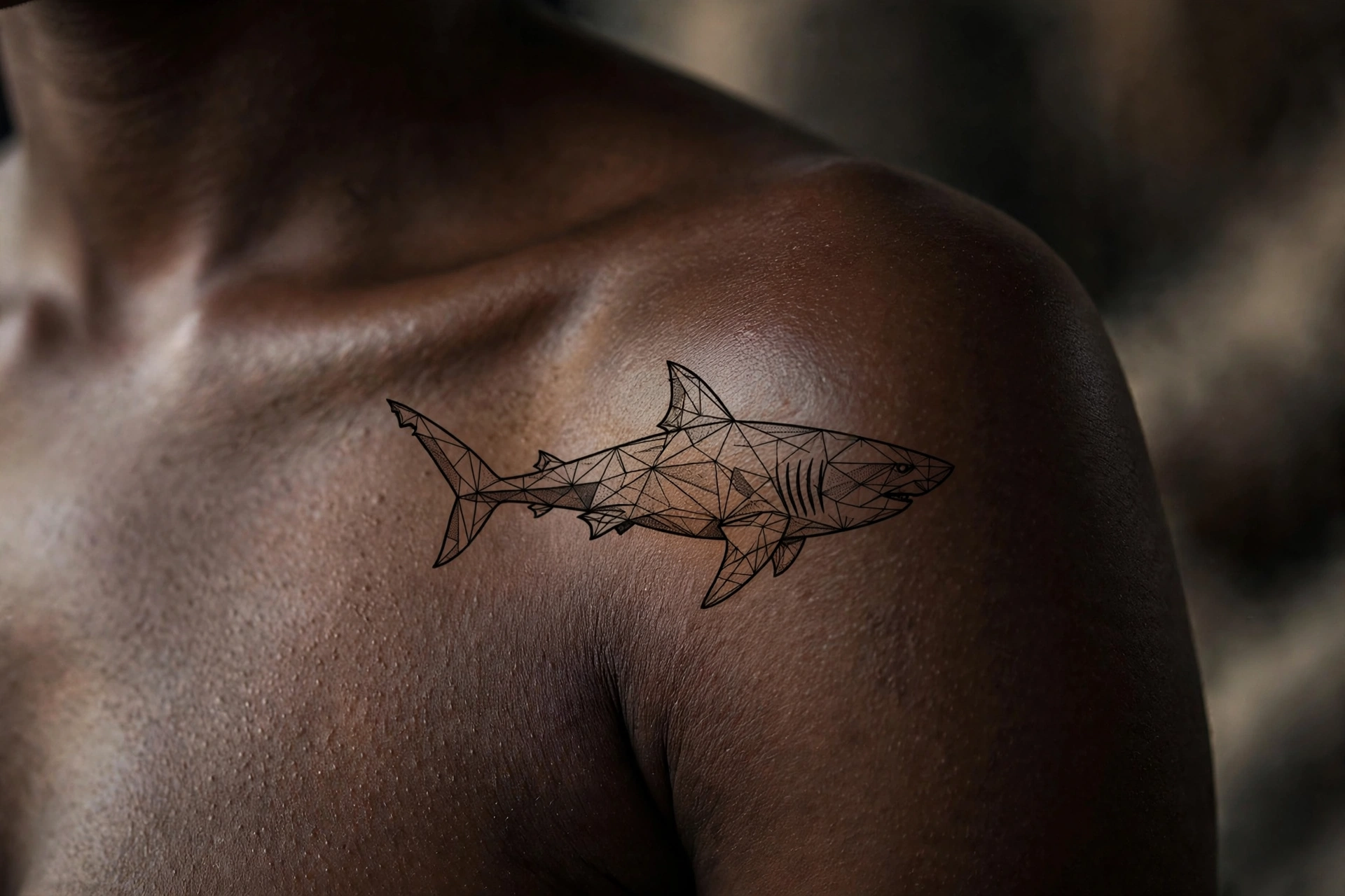 Great white shark silhouette tattoo gliding through water