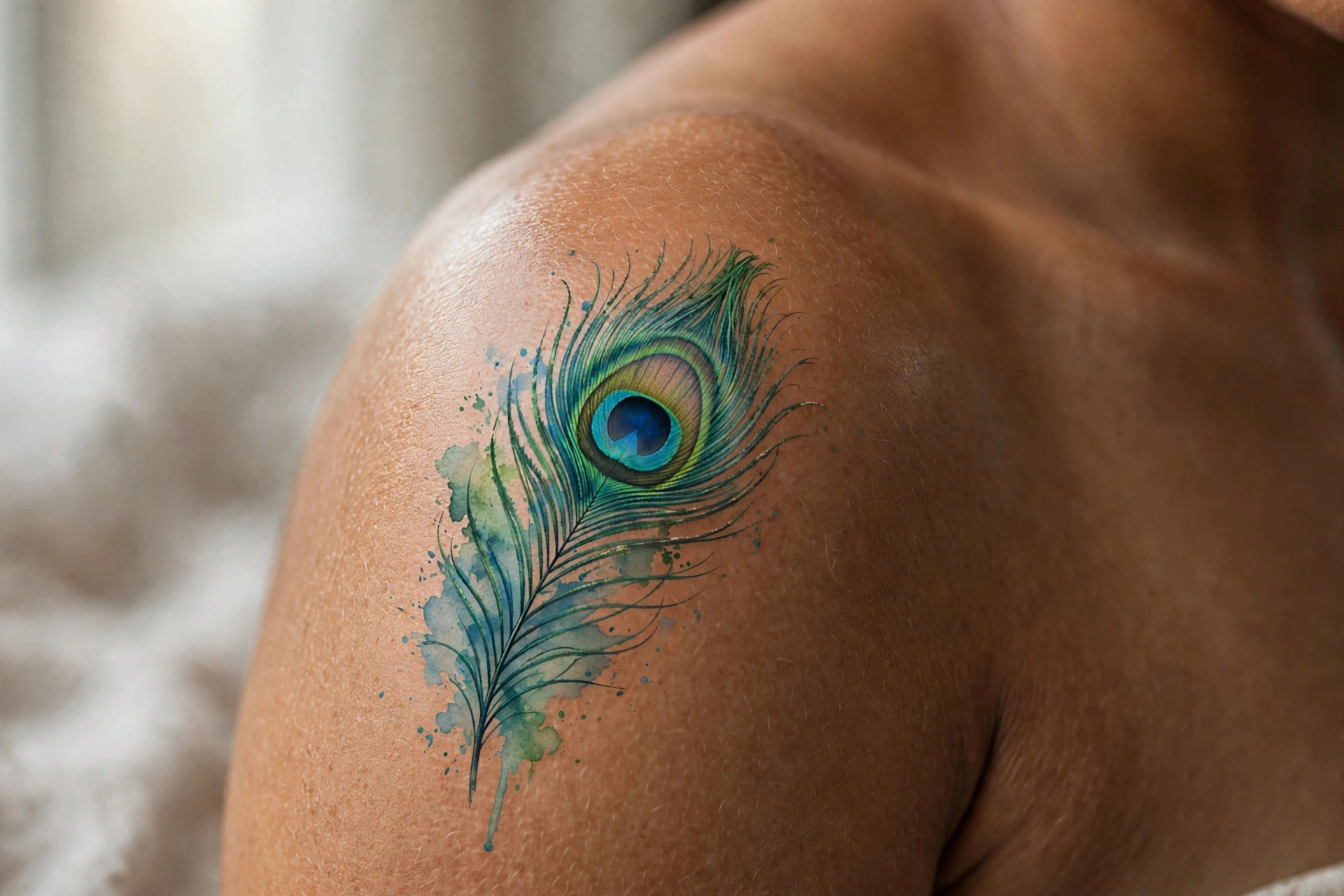 Single peacock feather tattoo with iridescent eye detail