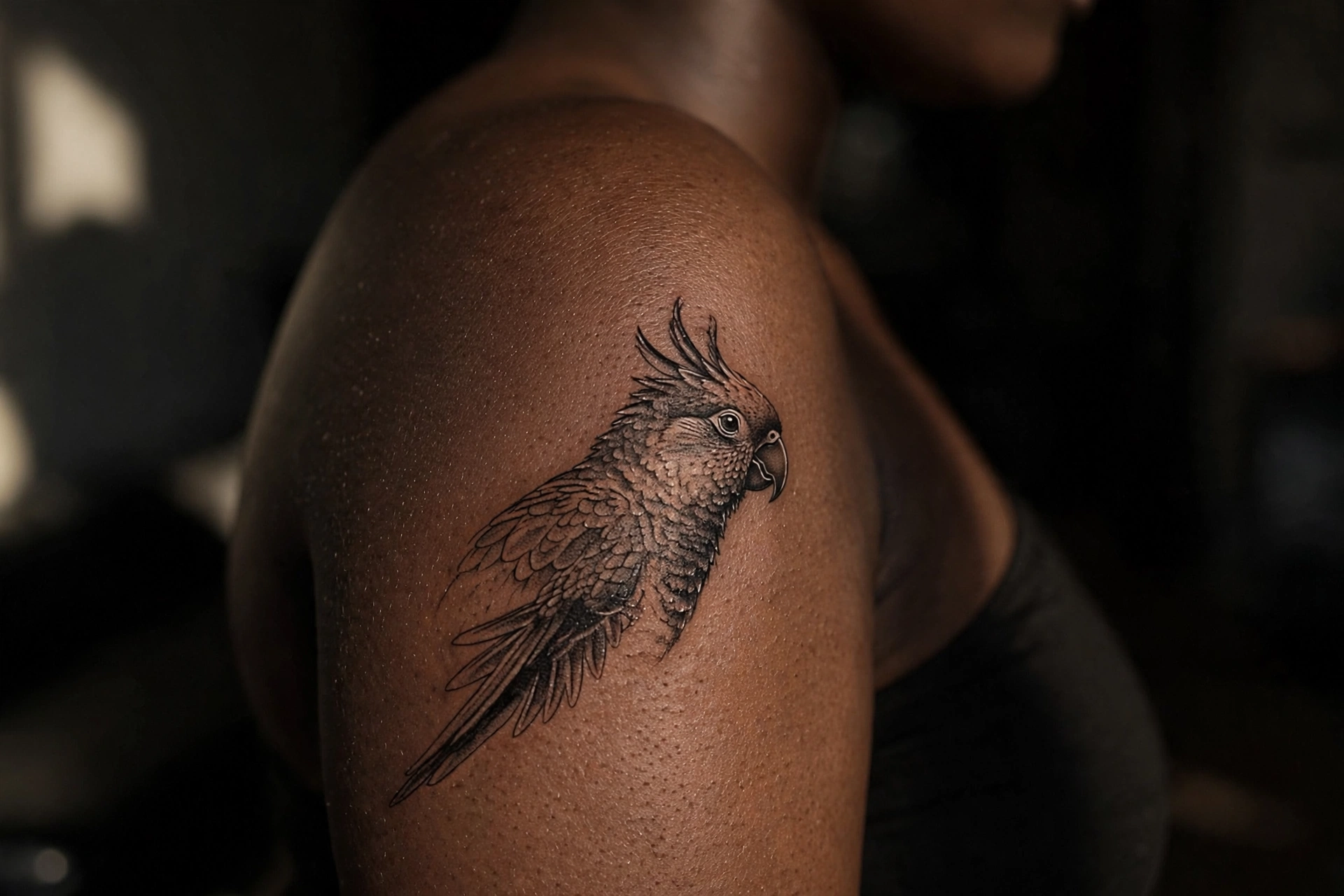 Vibrant parrot head tattoo with rainbow plumage