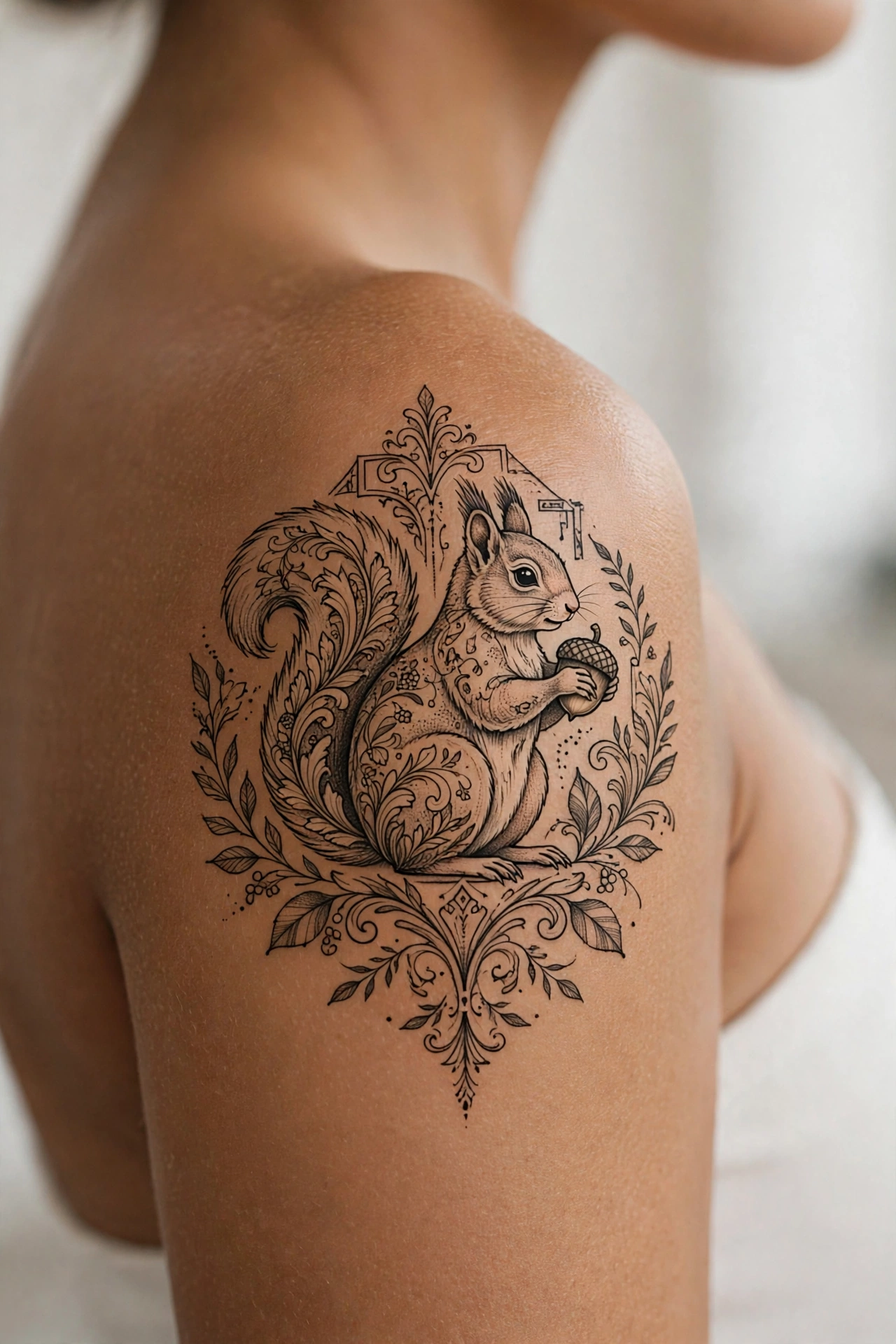 Cheerful squirrel clutching an acorn tattoo
