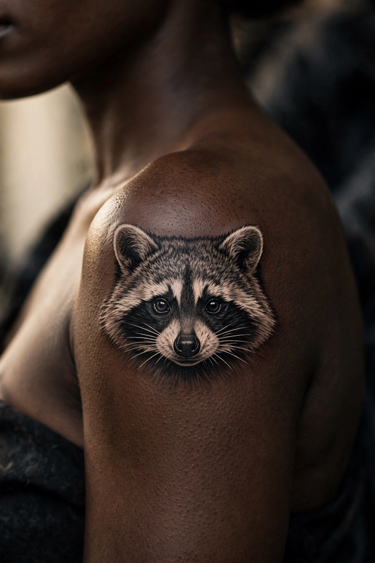Raccoon's masked face peeking tattoo in black and grey