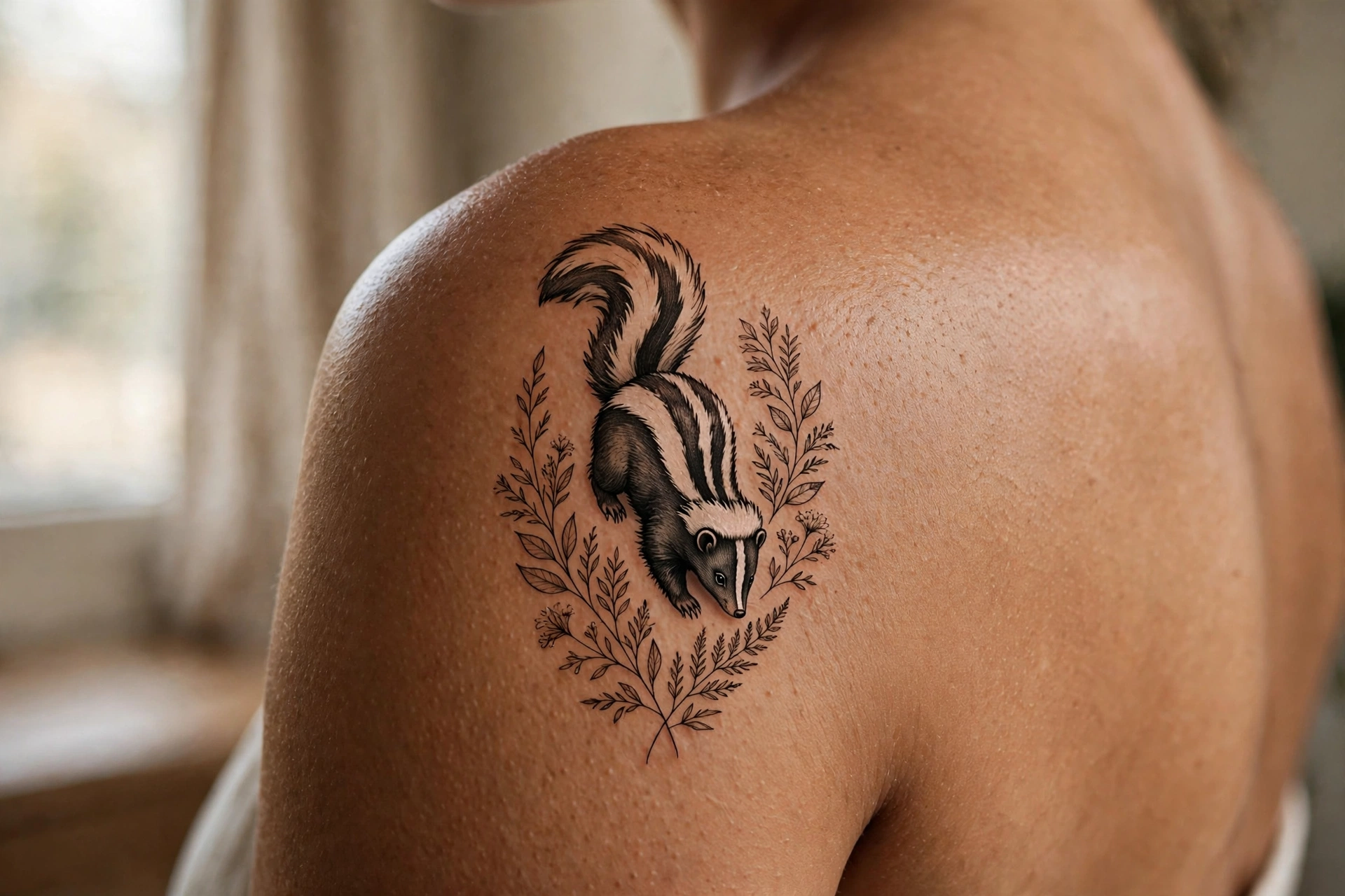Little skunk with bold white stripe tattoo
