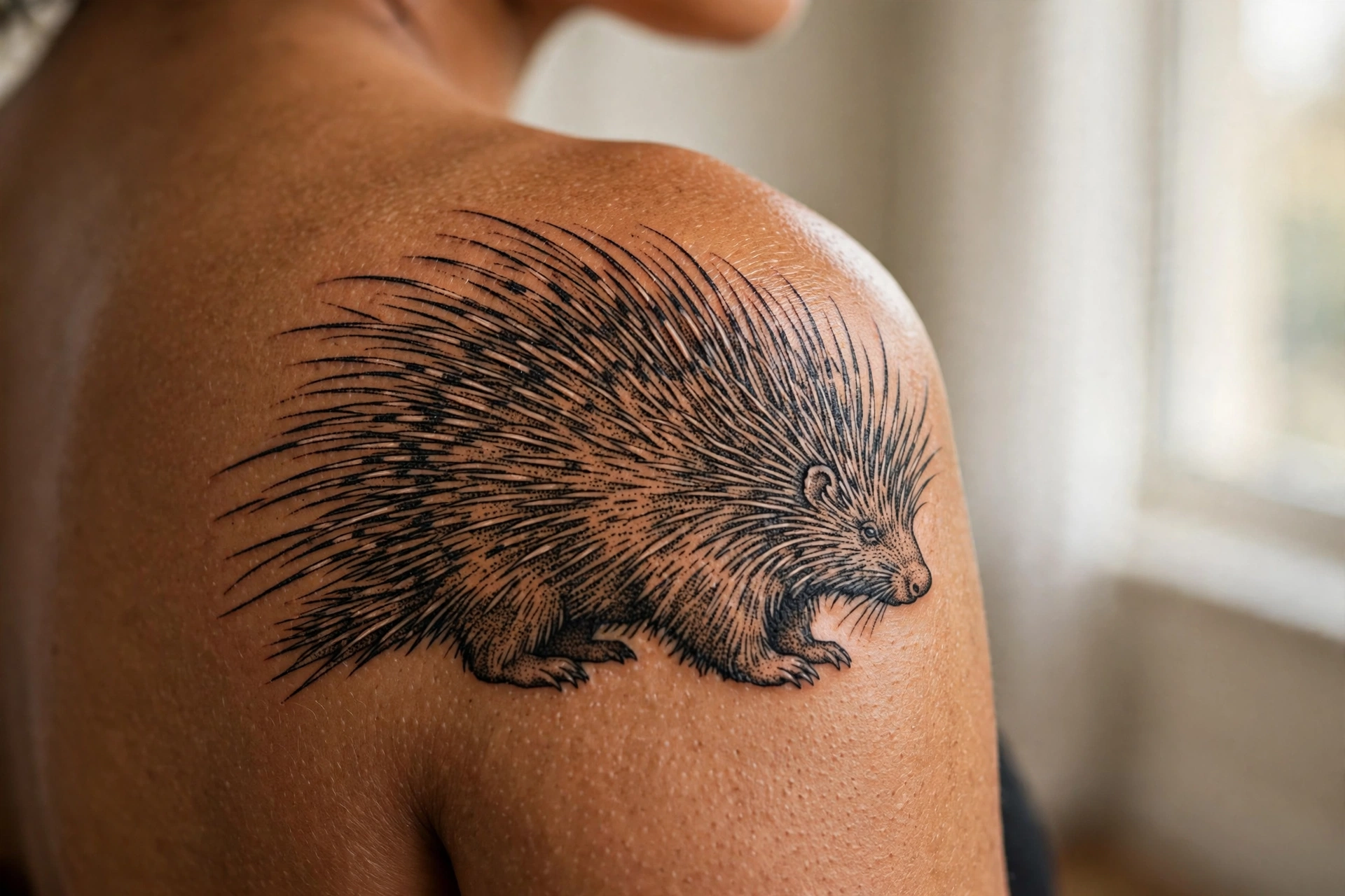 Porcupine with radiating quills tattoo