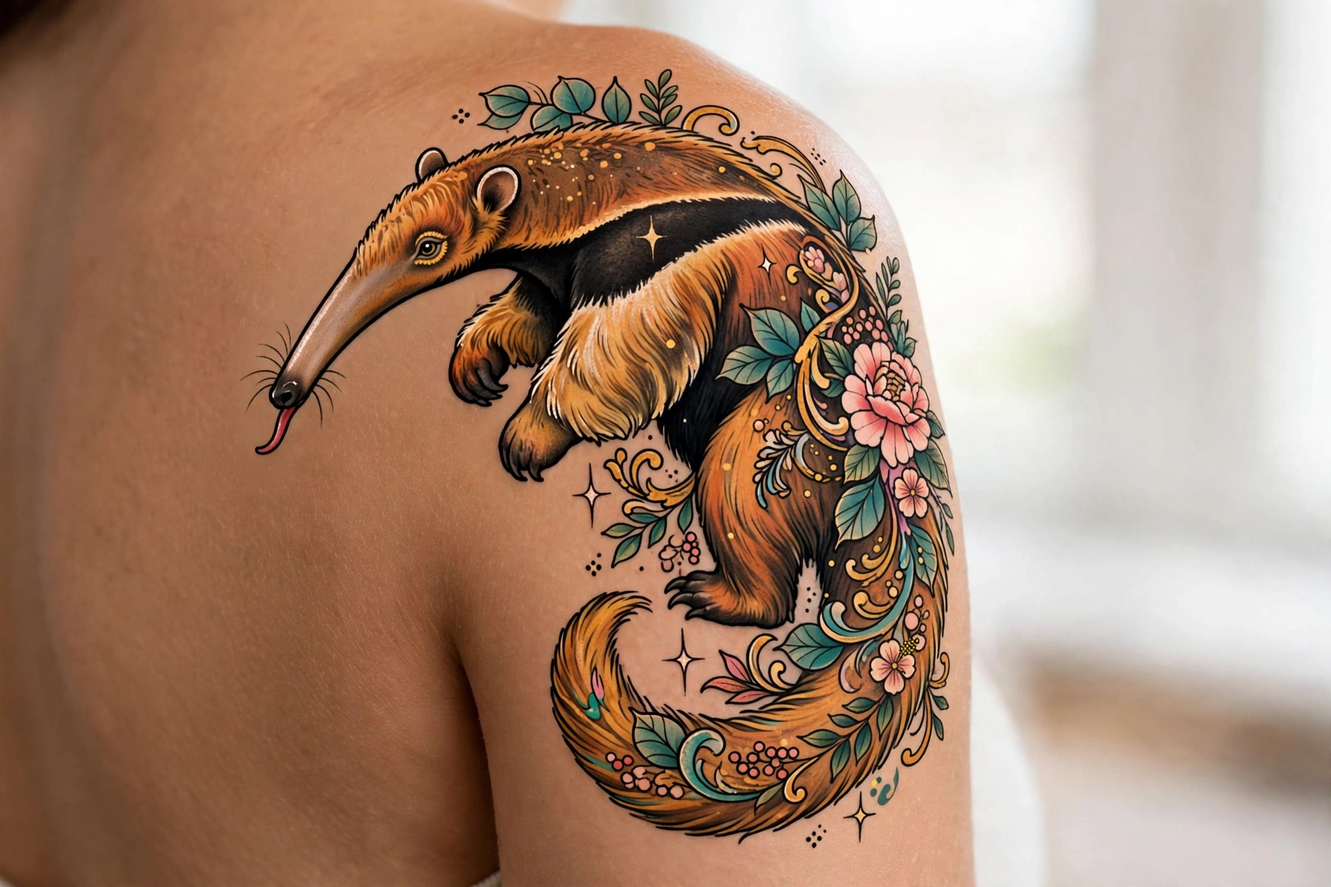 Anteater with dramatic long snout tattoo