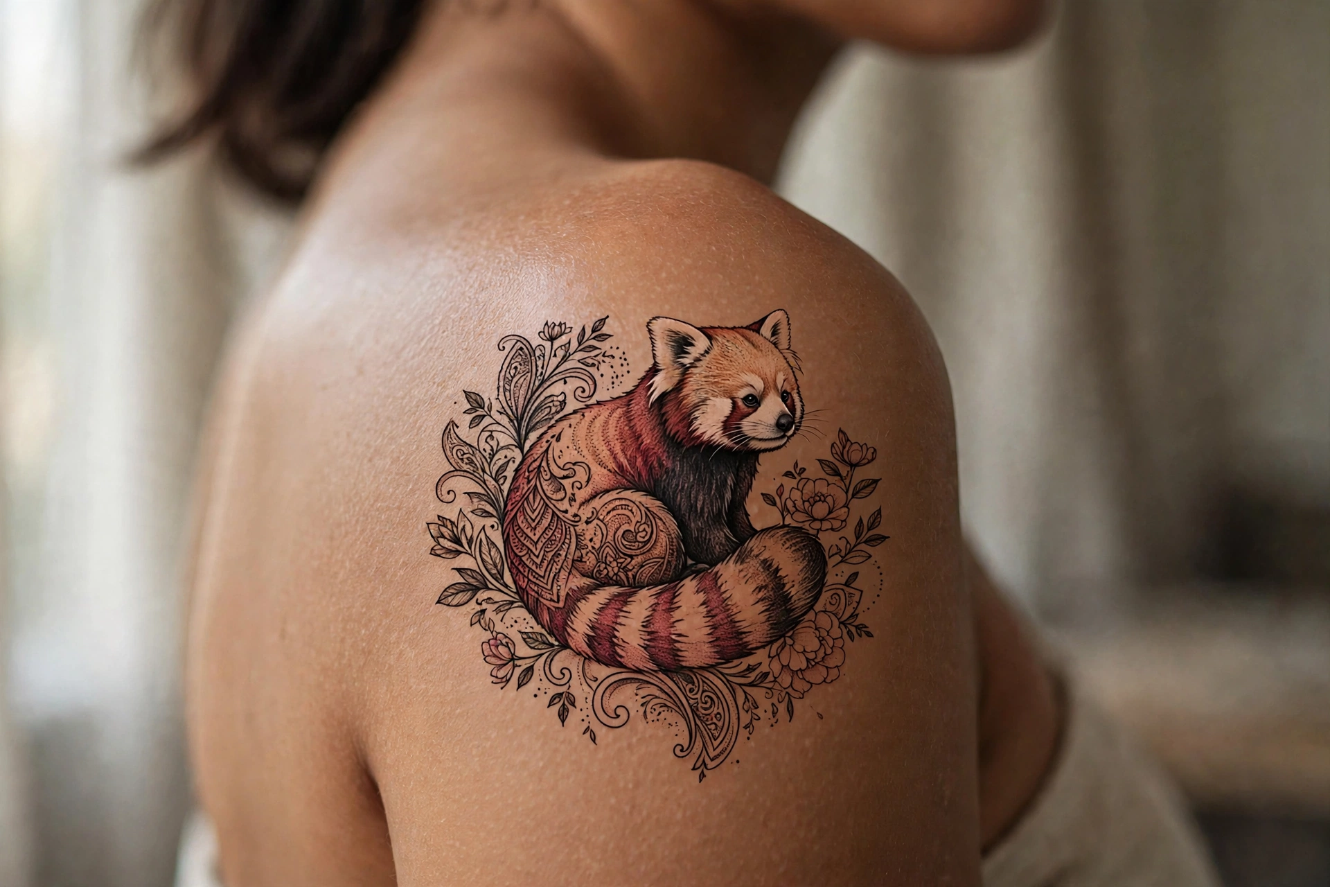 Red panda with fluffy ringed tail tattoo