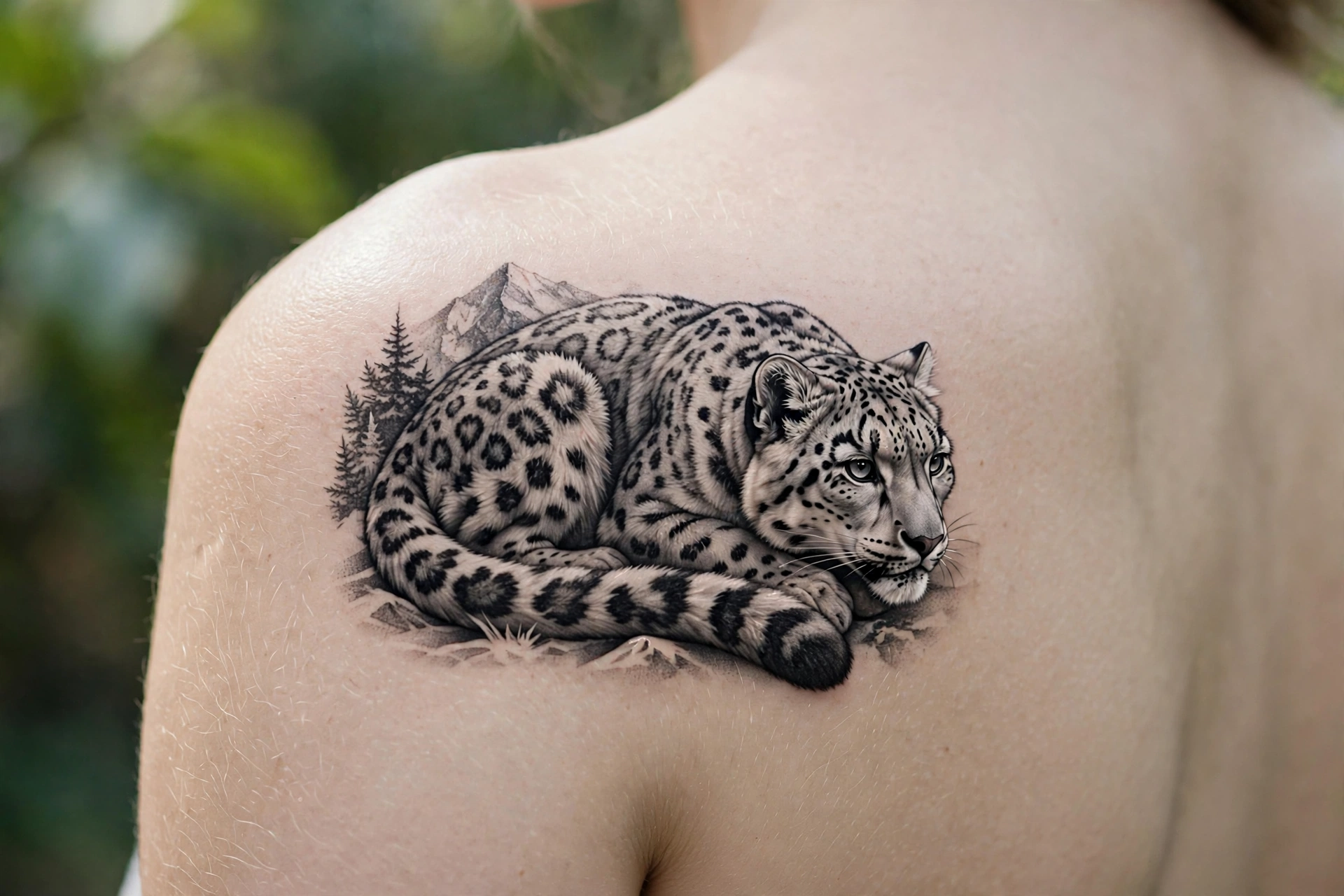 Elusive snow leopard tattoo in smoky grey tones