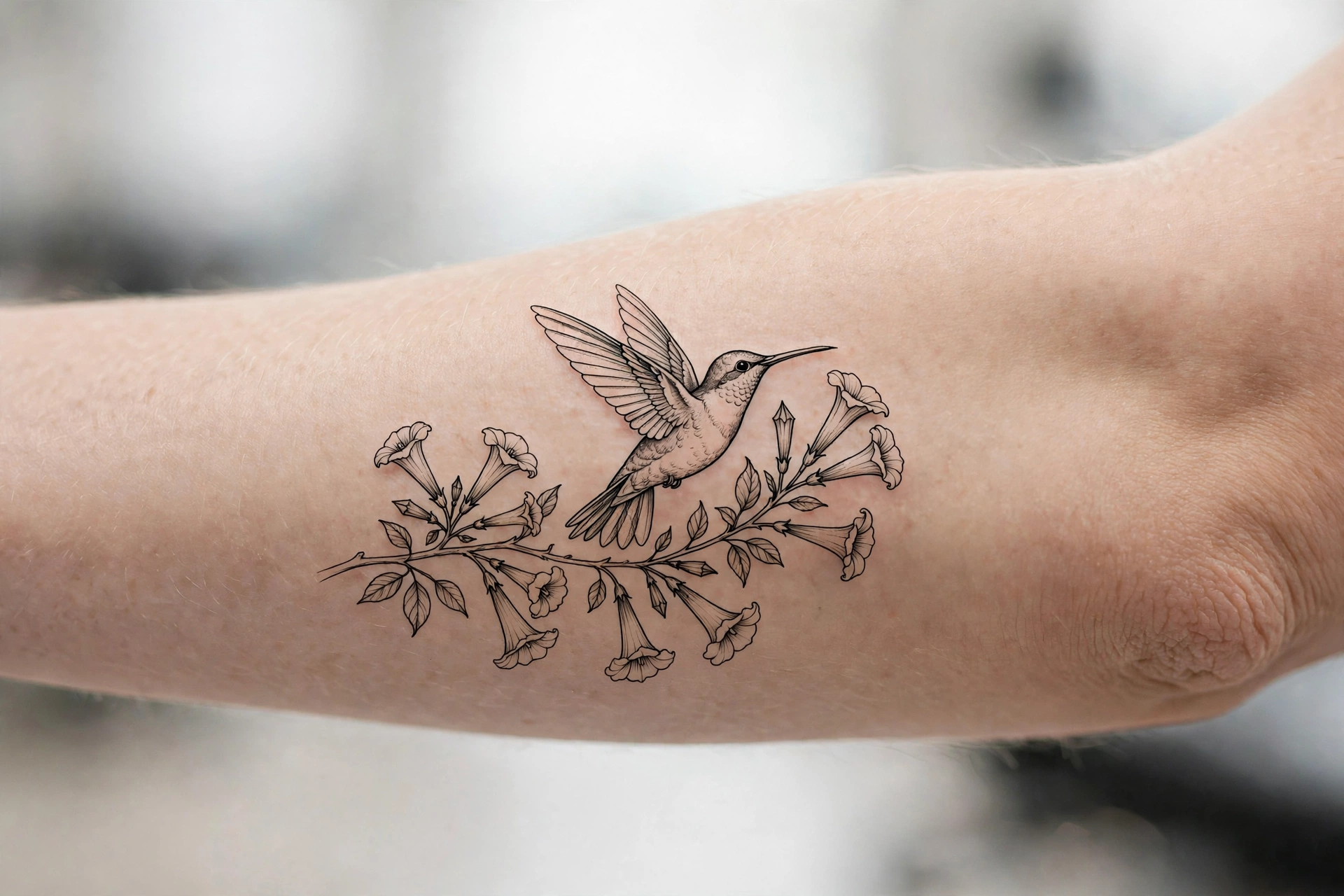 Dotwork mountain landscape scene tattoo on a woman's forearm