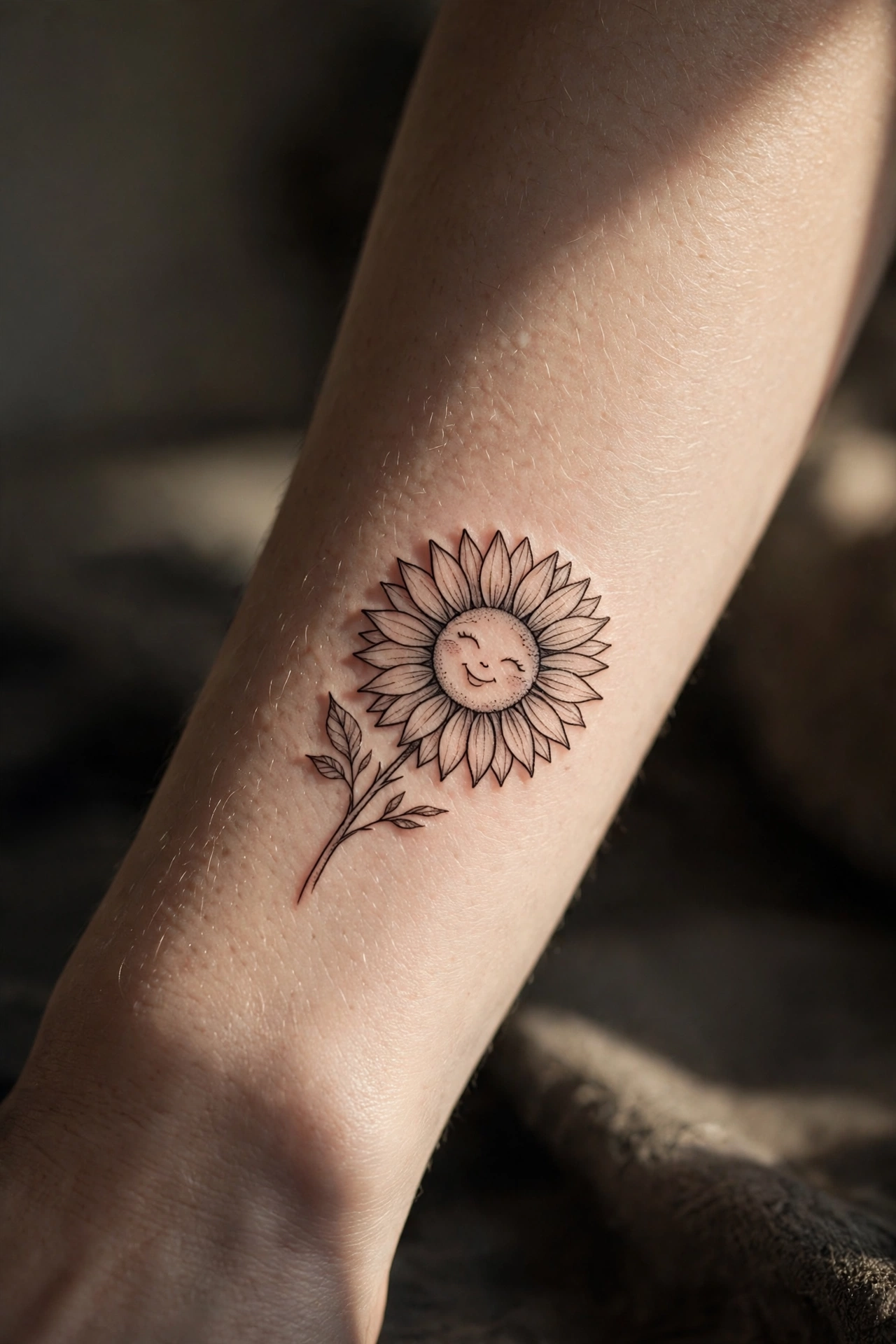 Delicate single feather tattoo on a woman's inner arm
