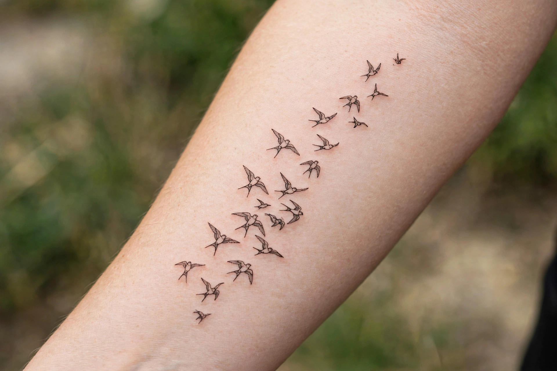 Daisy chain floral armband tattoo around a woman's arm