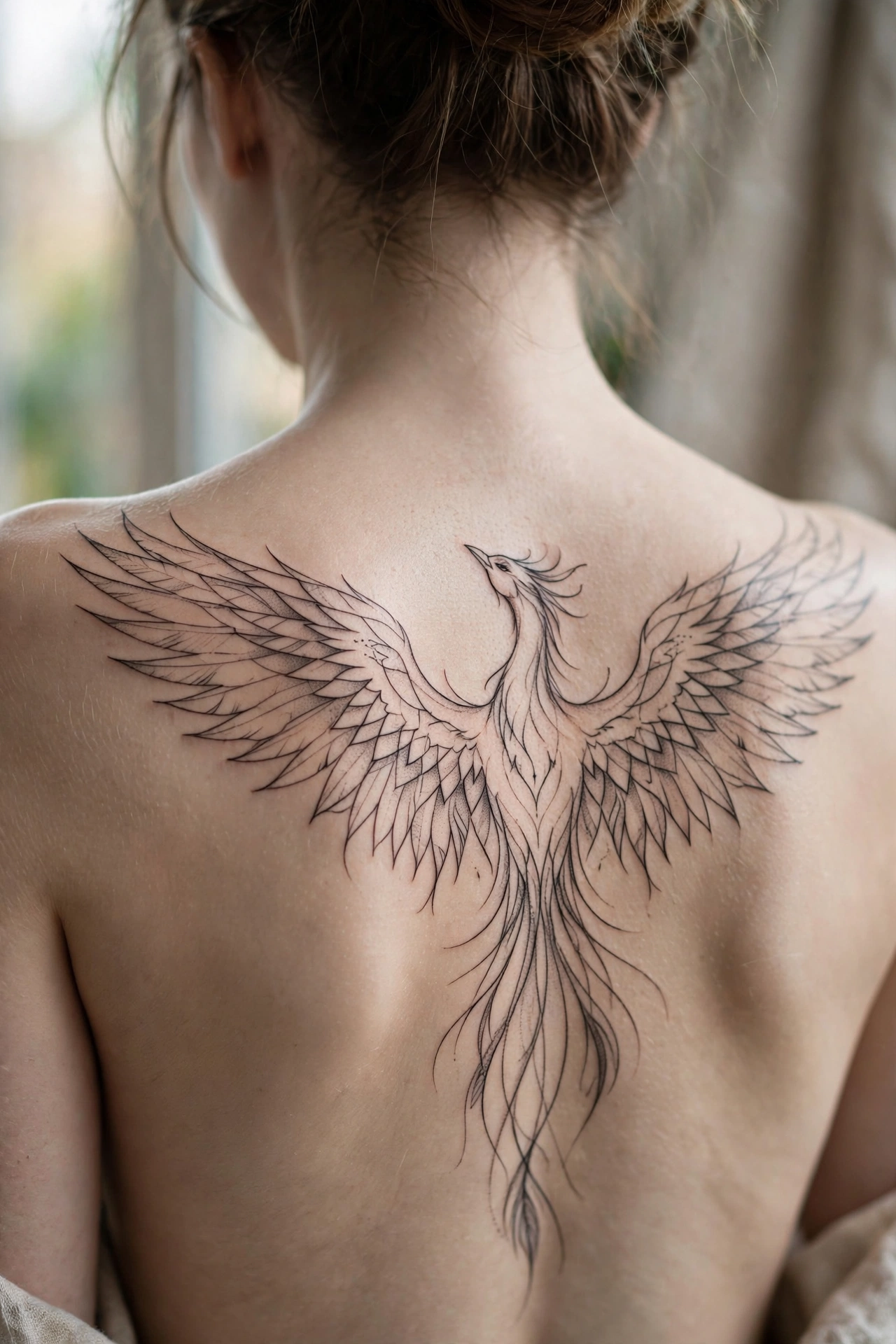 Symmetrical mandala tattoo centered on a woman's upper back