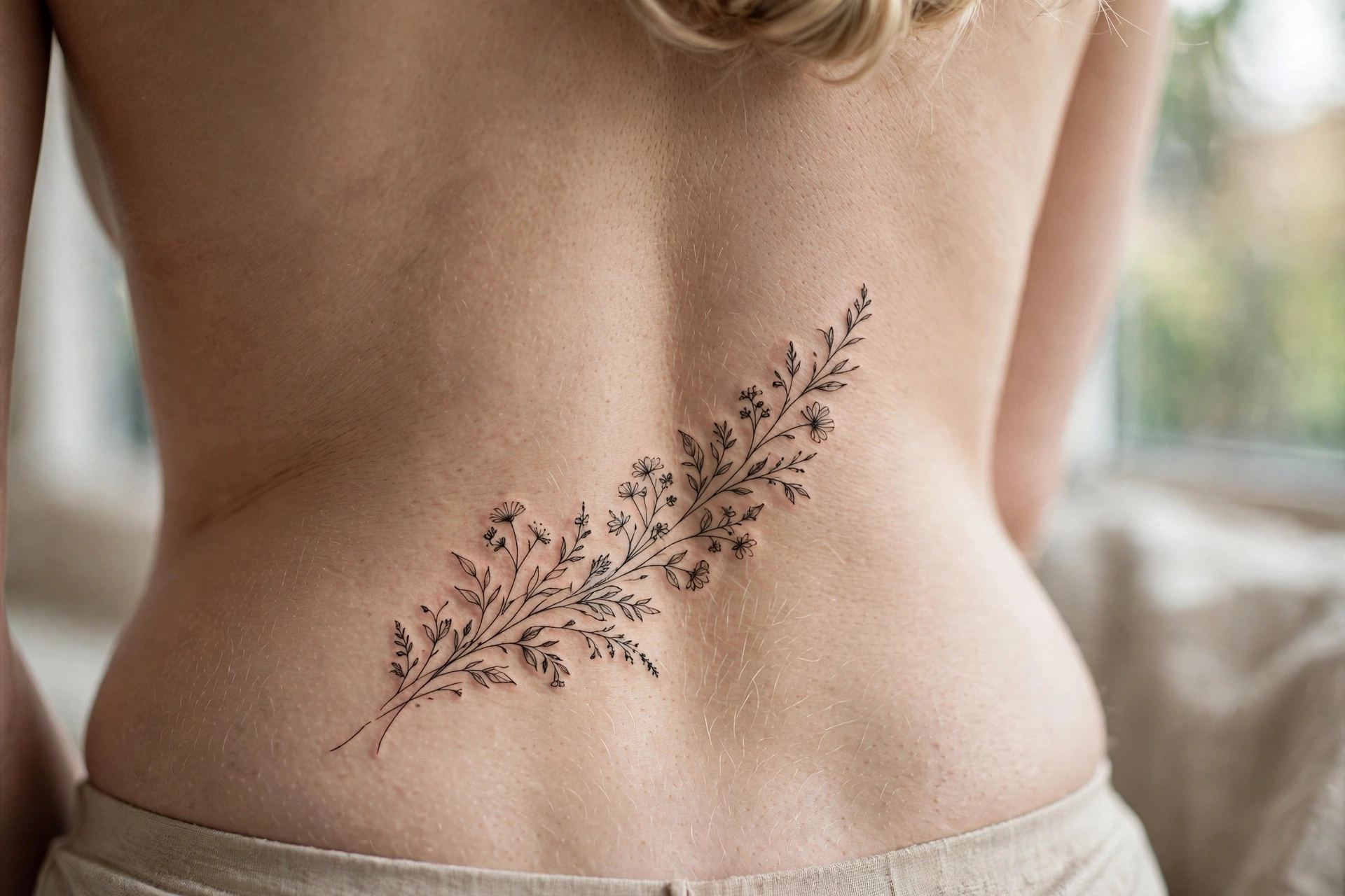 Scattered wildflower tattoo across a woman's lower back