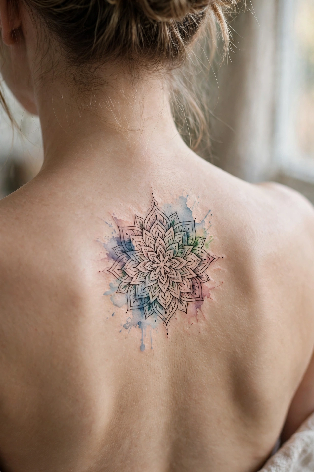 Wolf portrait tattoo on a woman's upper back