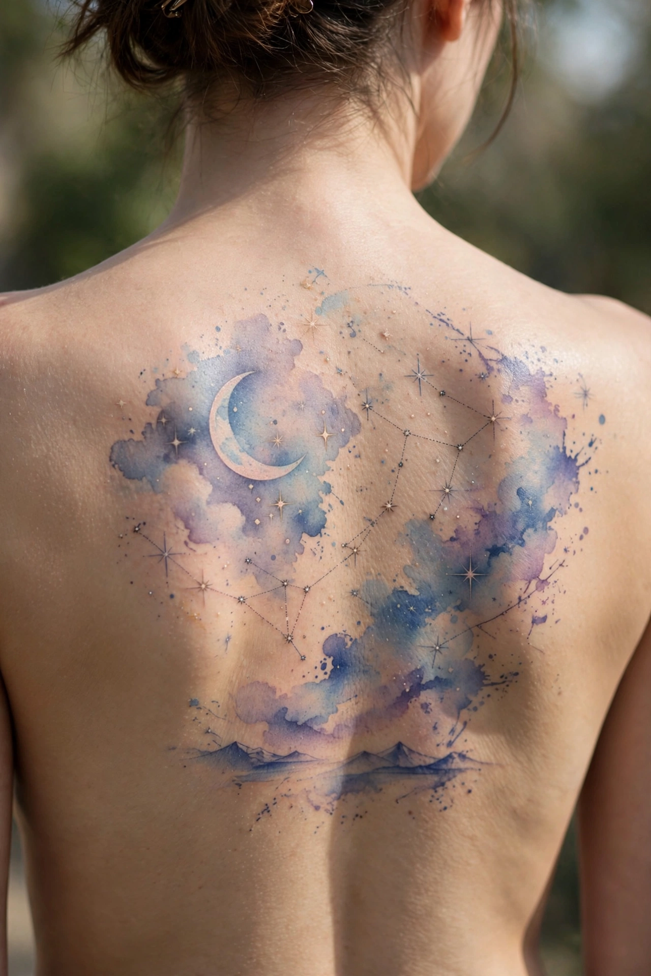 Cherry blossom branch tattoo on a woman's shoulder blade