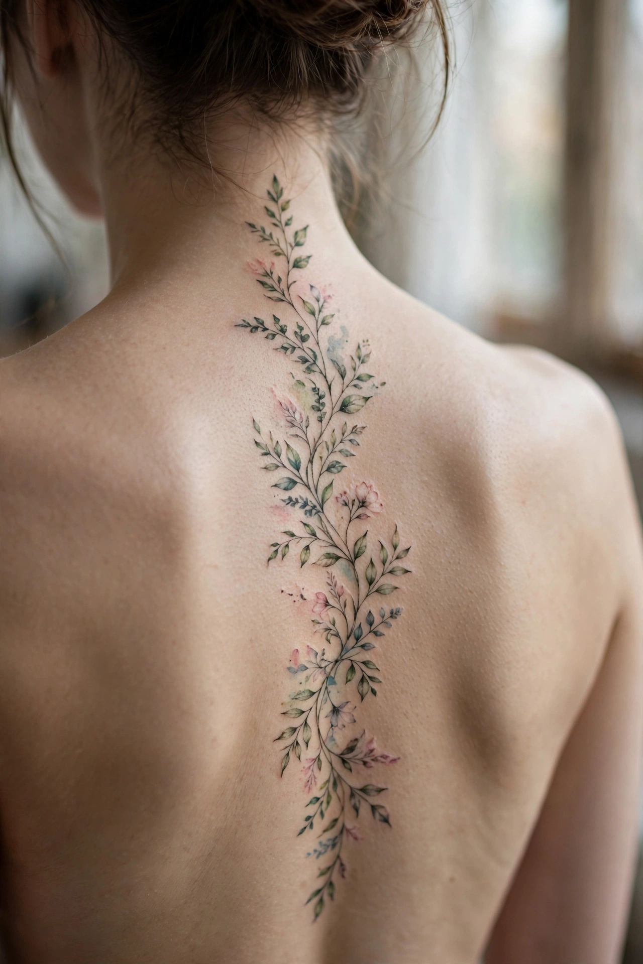 Ornate compass rose tattoo between a woman's shoulders