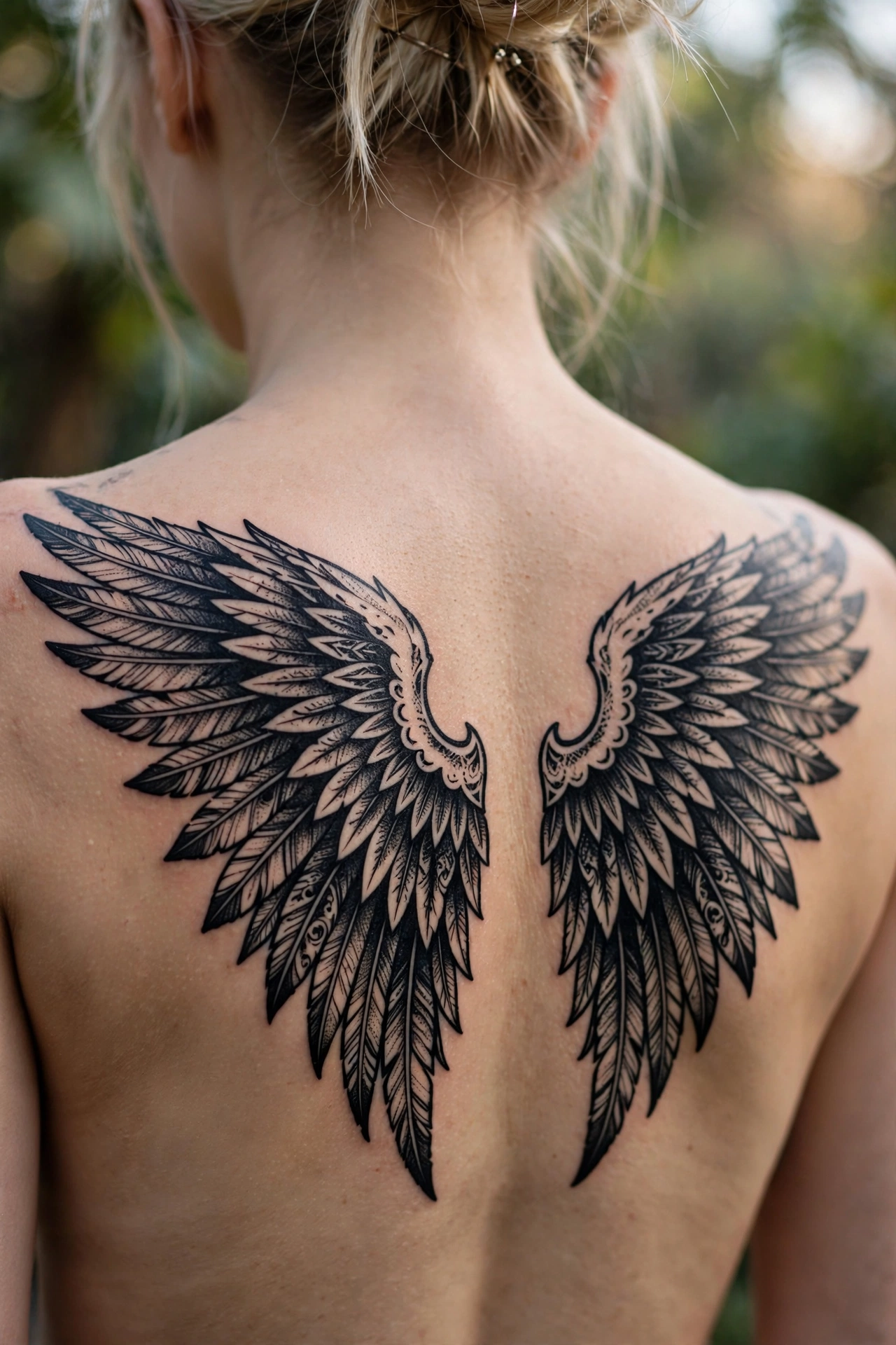 Sacred geometry pattern tattoo on a woman's upper back