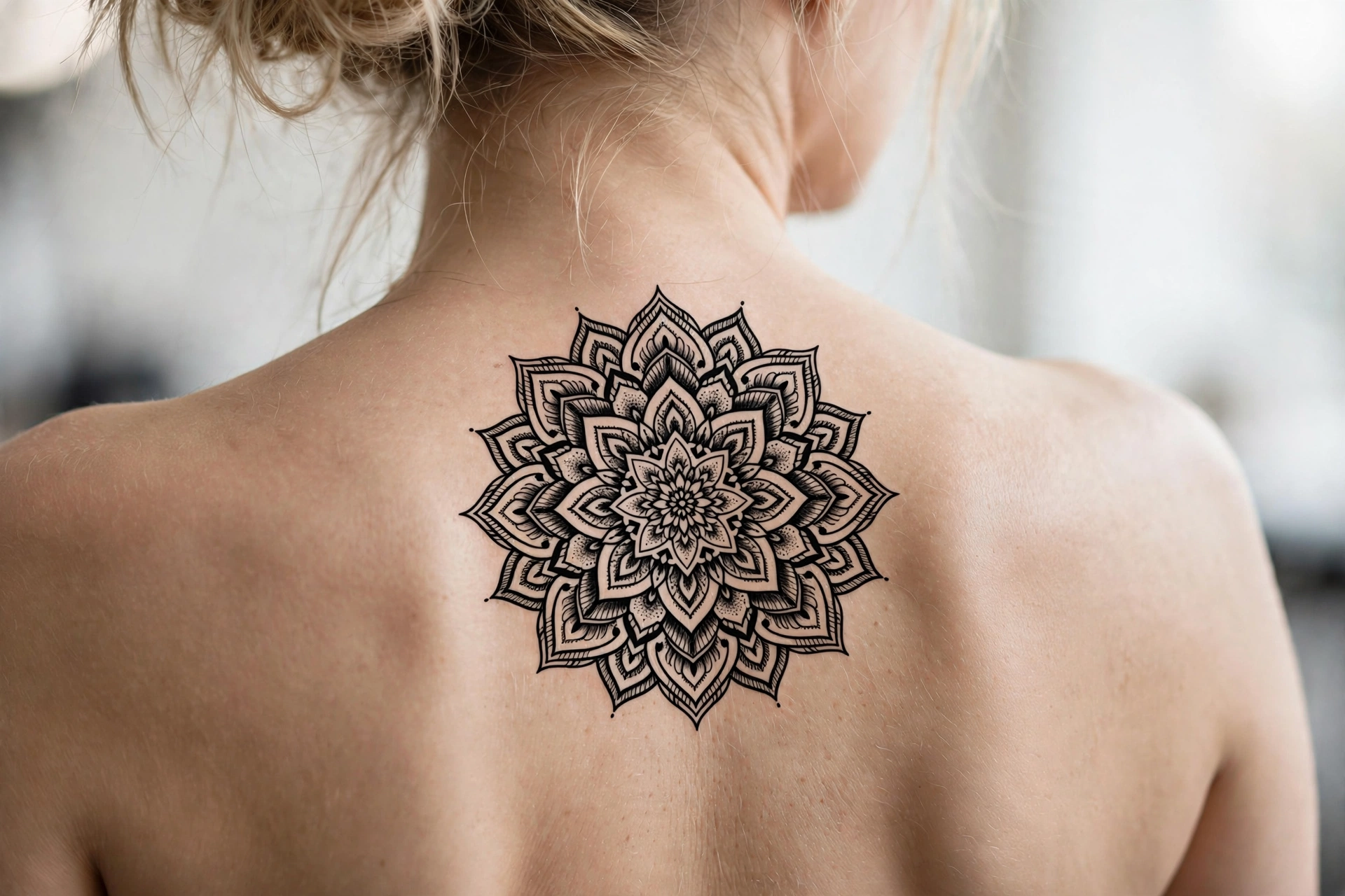 Vertical dotwork mandala tattoo aligned with a woman's spine