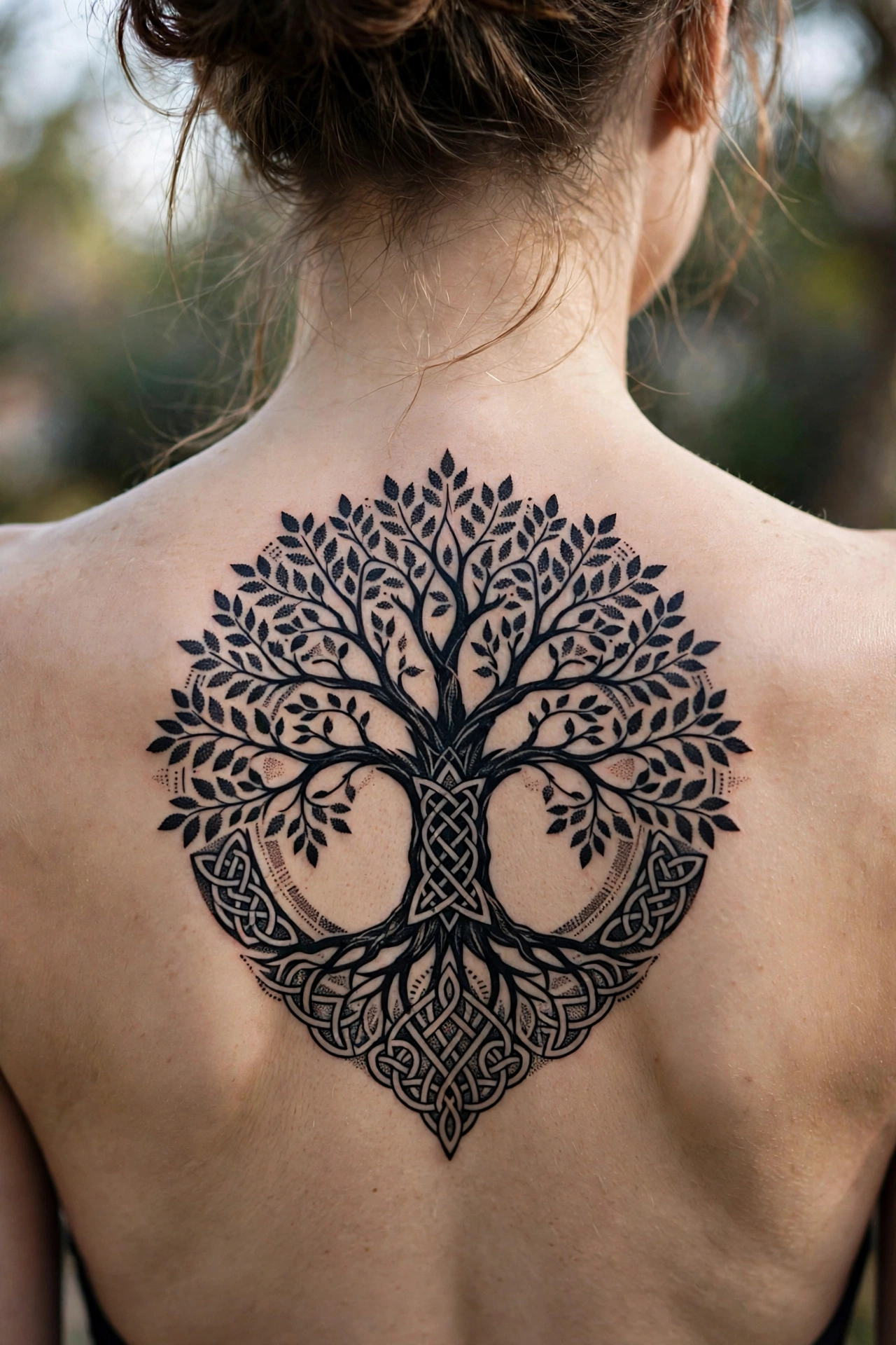 Realistic portrait tattoo on a woman's upper back