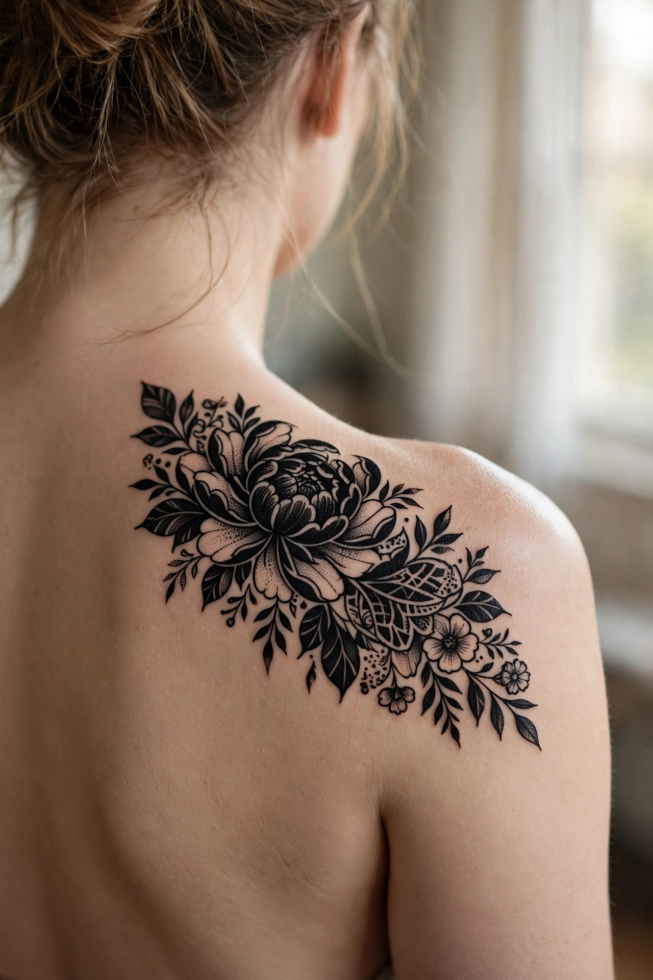 Iridescent dragonfly tattoo centered on a woman's spine