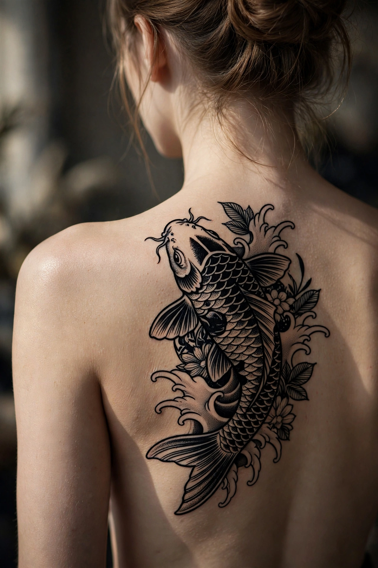 Curling ocean wave tattoo on a woman's lower back