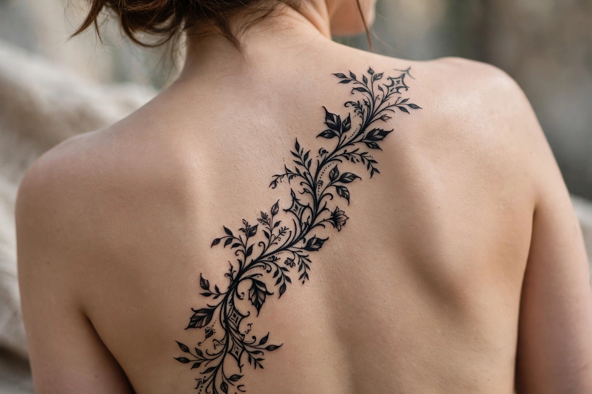 Matching floral tattoos on both of a woman's shoulders