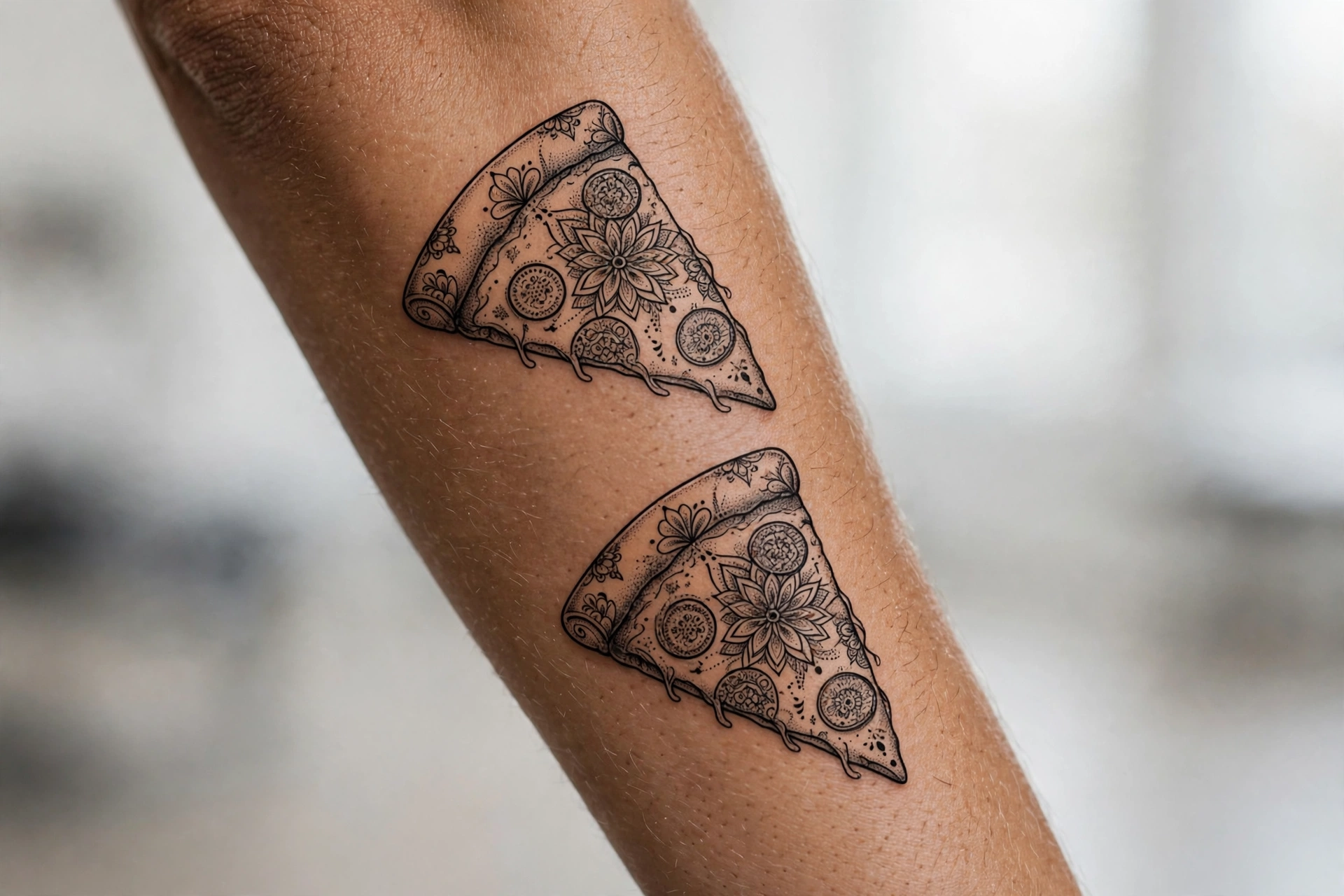 Matching pizza slice best friend tattoos